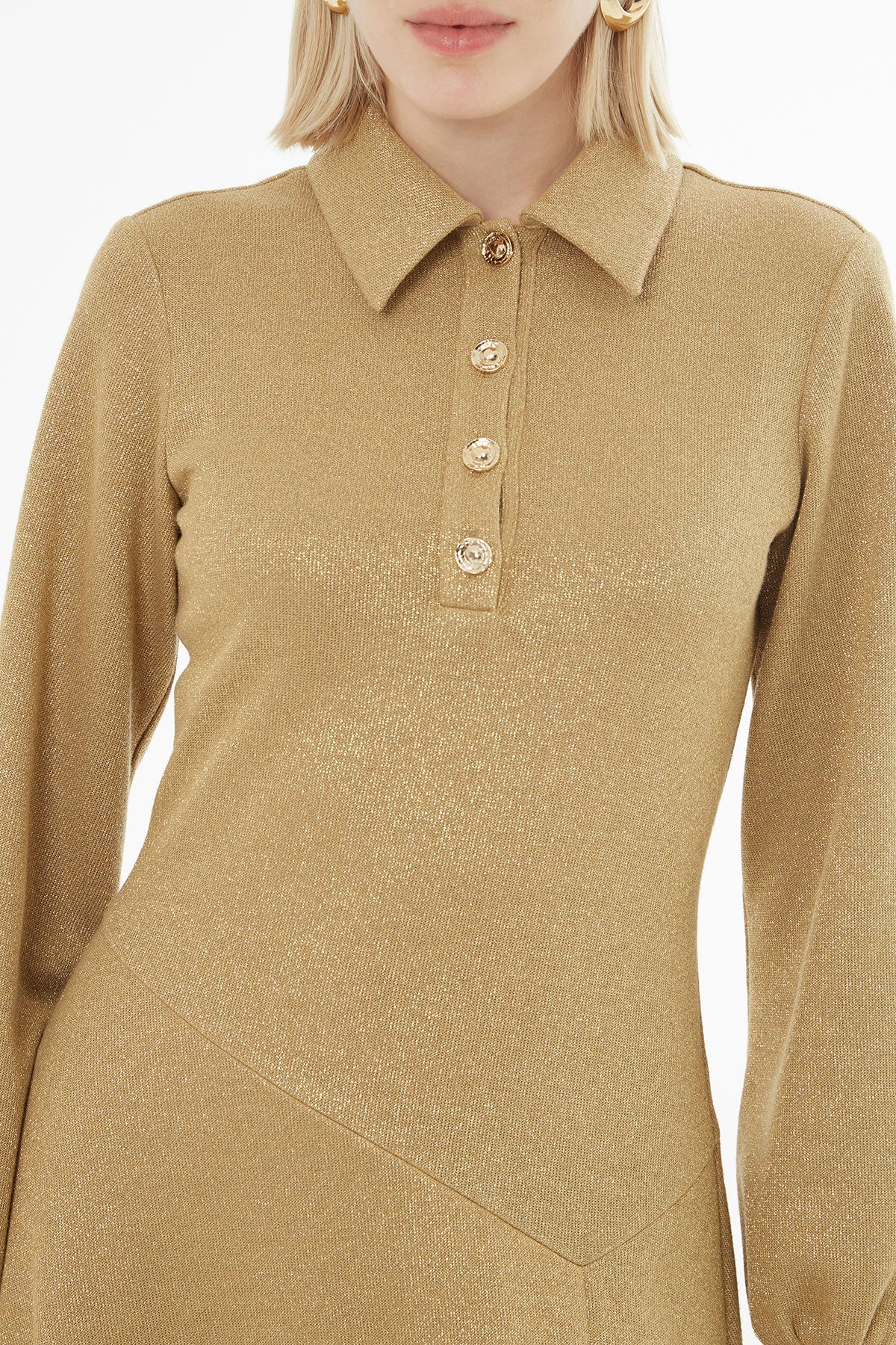 Long-Sleeved Midi Beige Dress