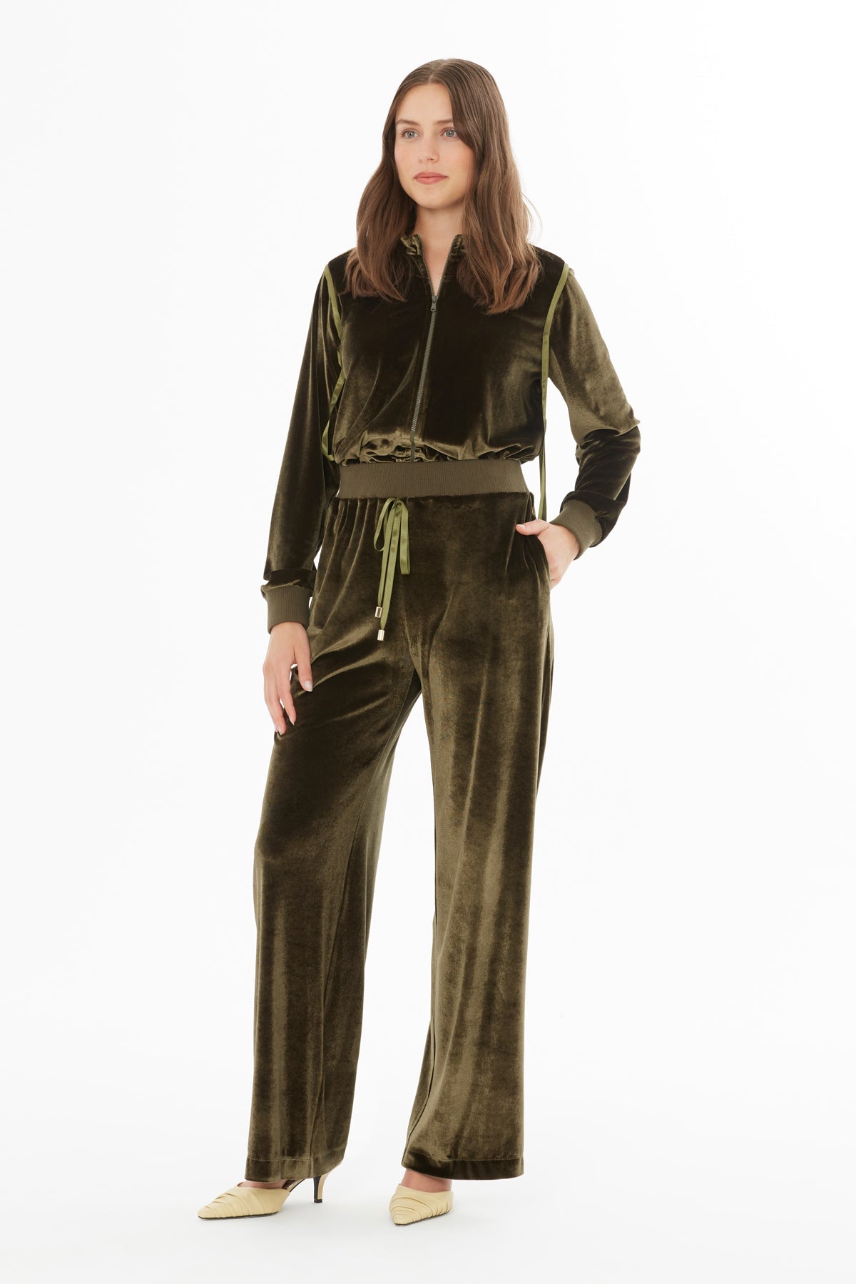 Green Velvet Trousers with Elasticated Waist