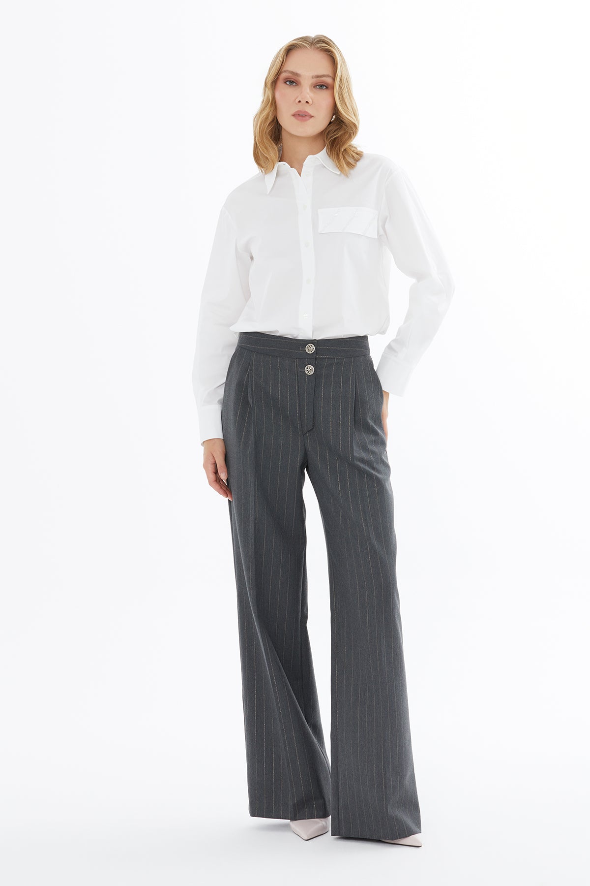 Grey Striped Trousers with Pockets