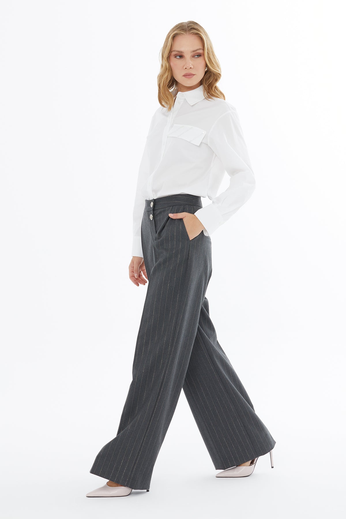 Grey Striped Trousers with Pockets
