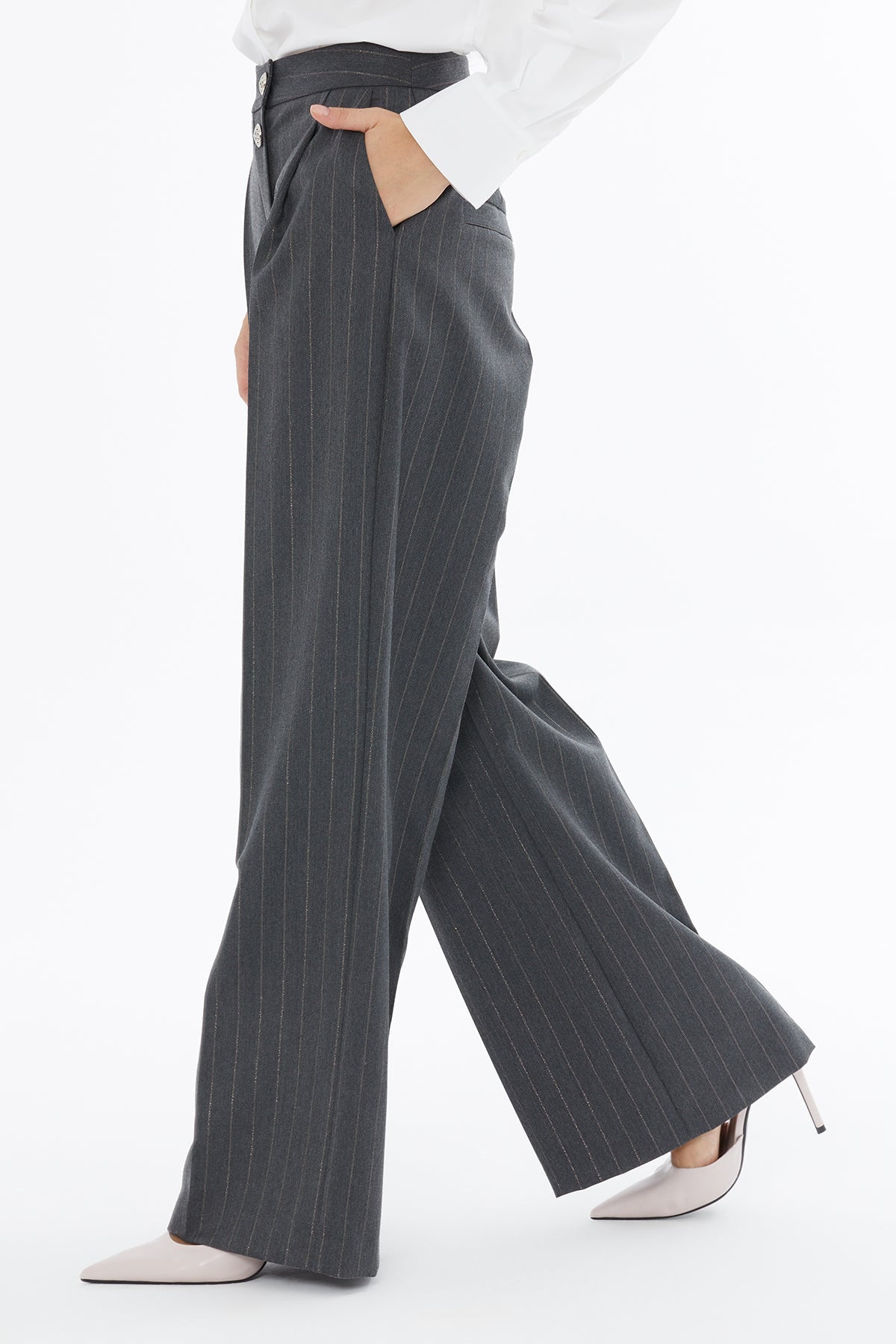 Grey Striped Trousers with Pockets