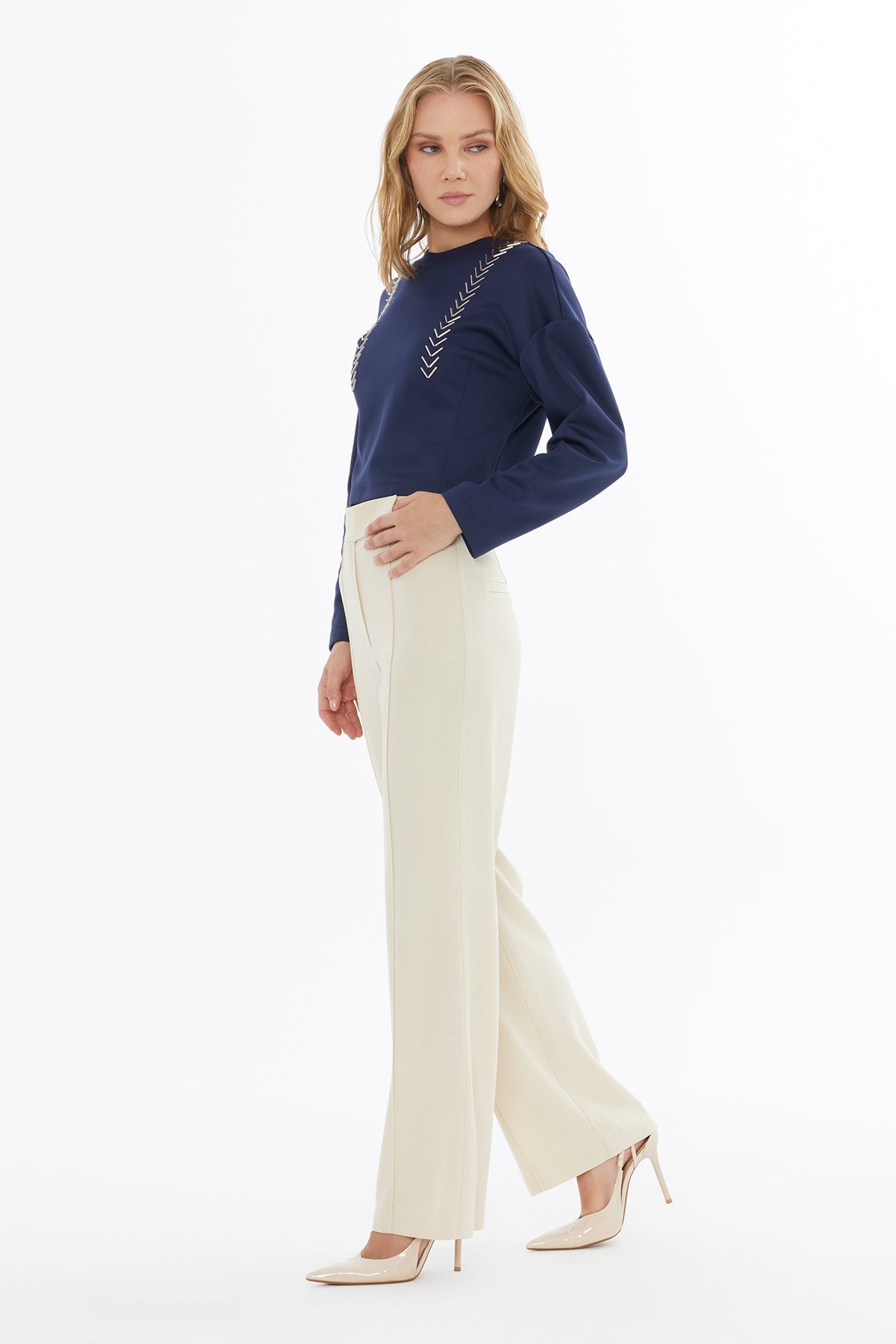 Beige Hook-Fastening Palazzo Trousers