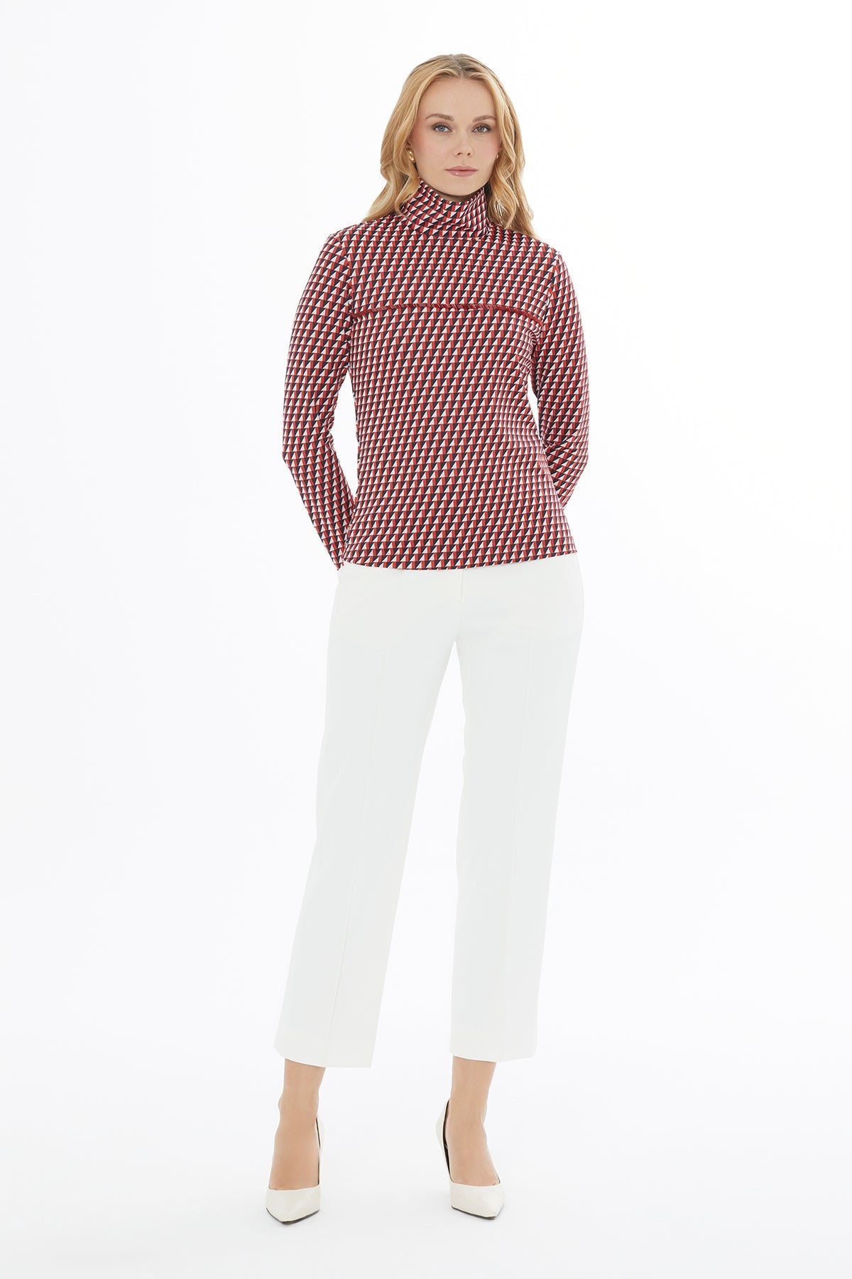 Printed Turtleneck Beaded Knitted Blouse