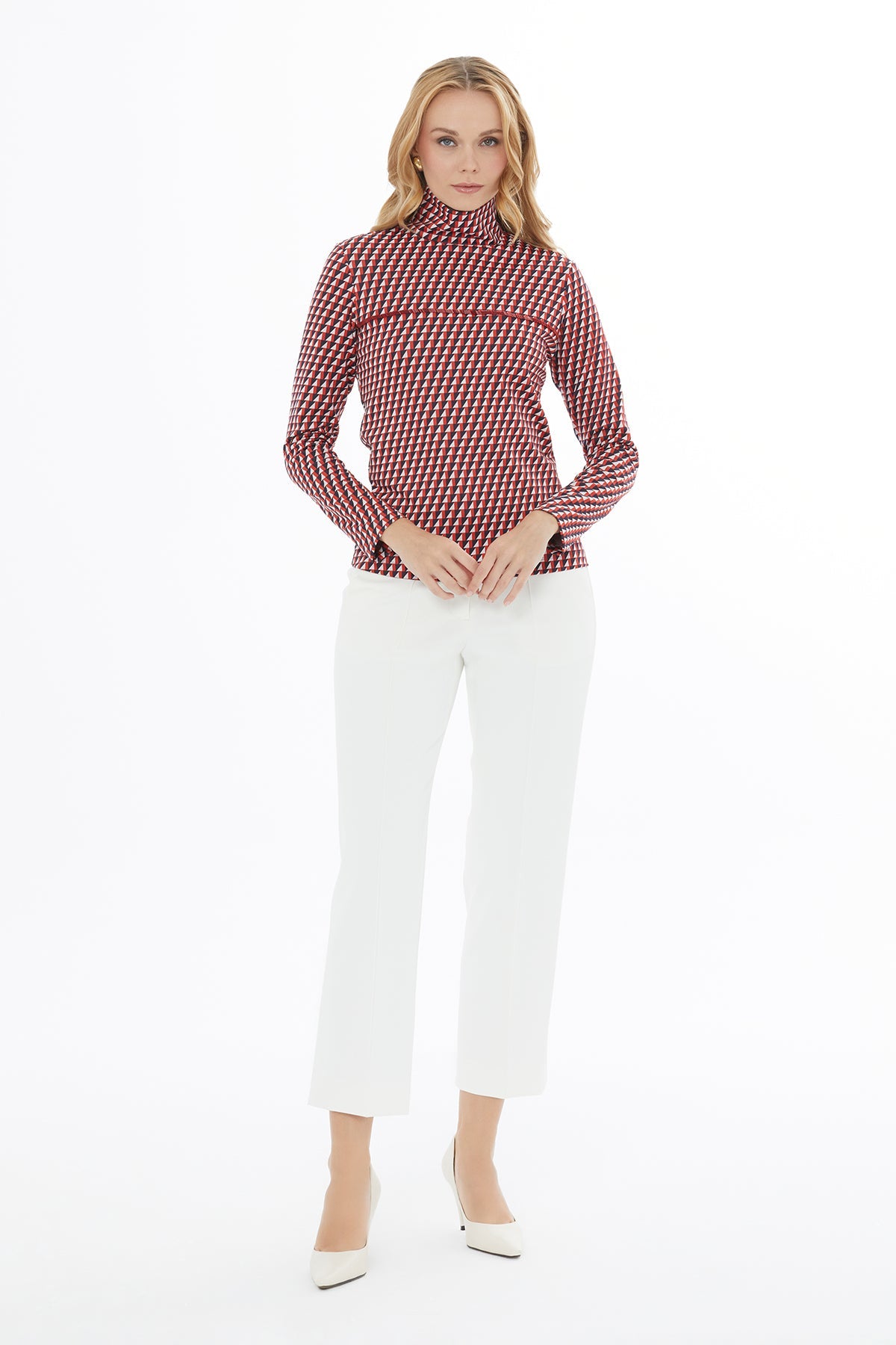 Printed Turtleneck Beaded Knitted Blouse