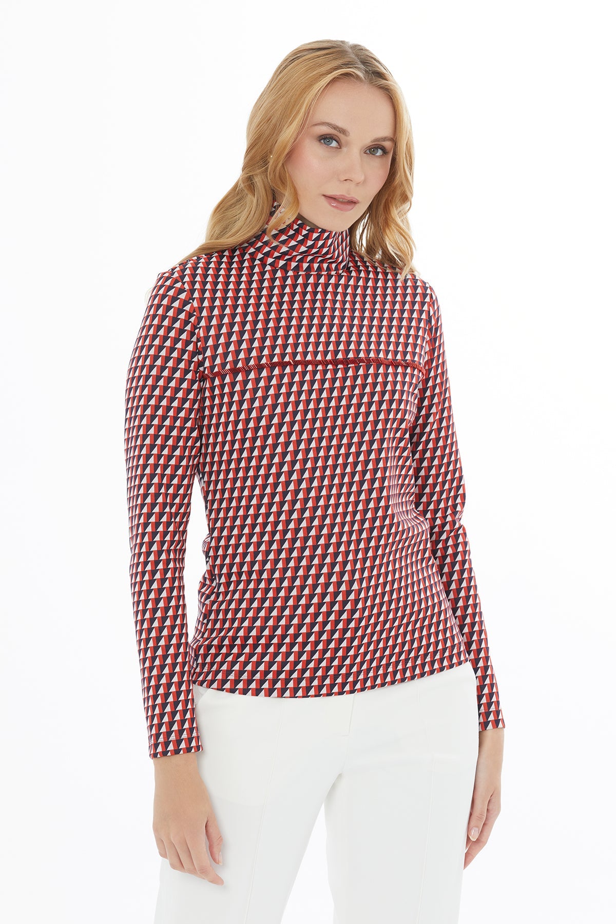 Printed Turtleneck Beaded Knitted Blouse