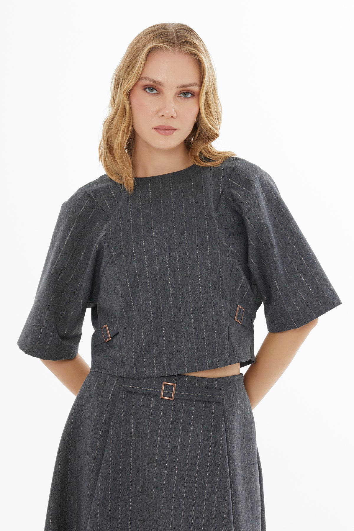 Grey Blouse with Batwing Sleeves