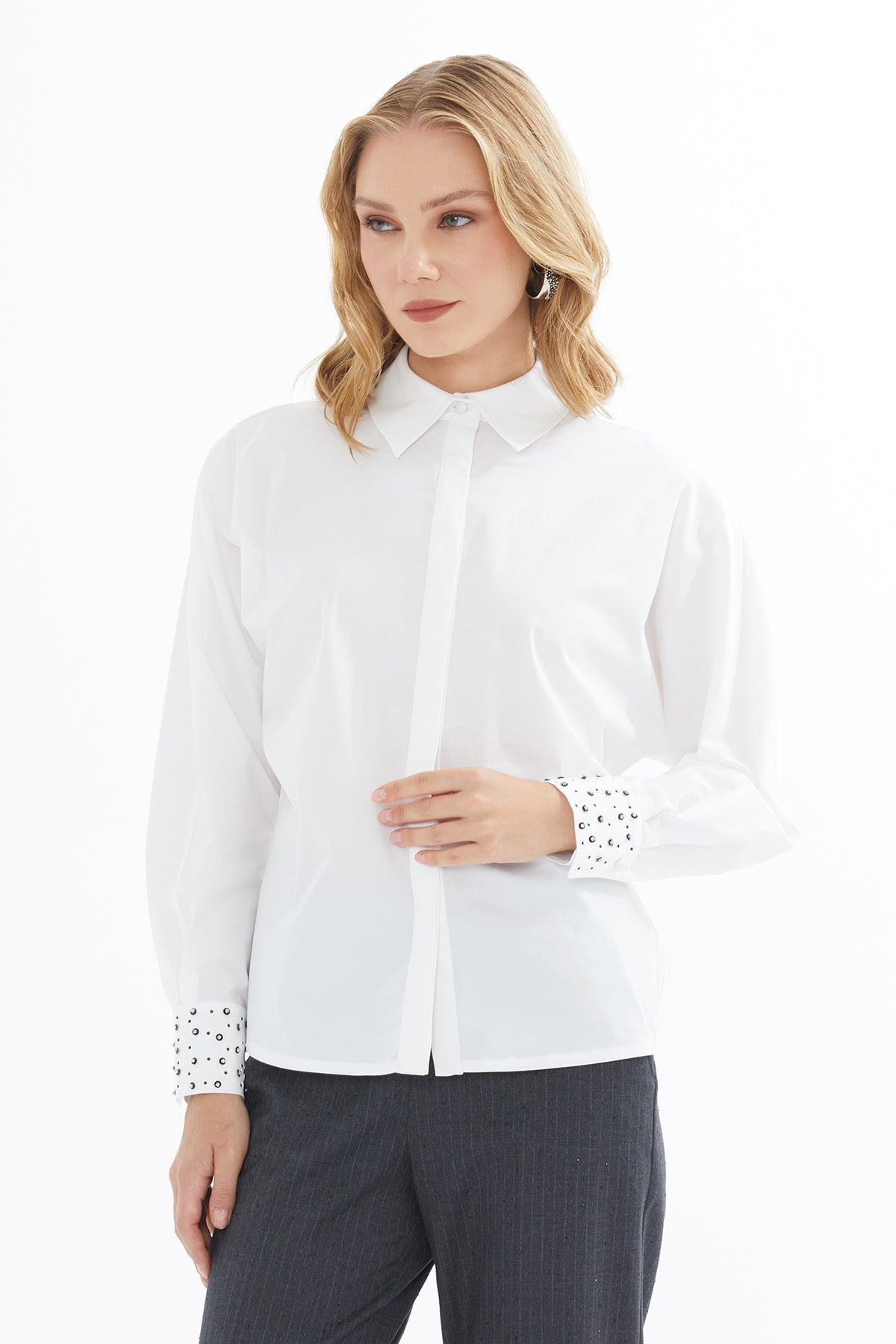 White Shirt with Embroidered Sleeves