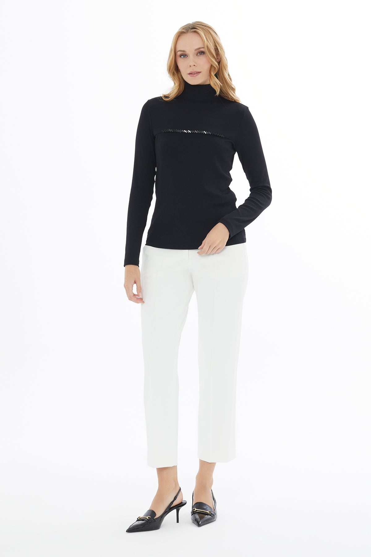 Black Beaded-Detail Turtleneck Blouse