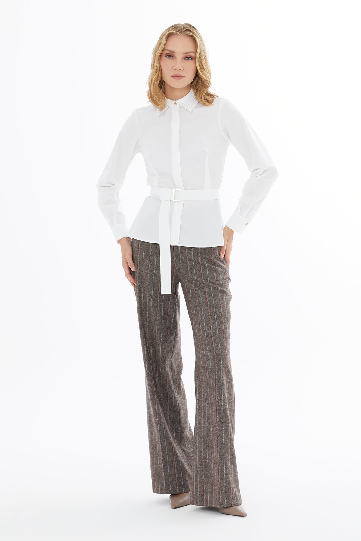 White Long-Sleeved Shirt with Belt