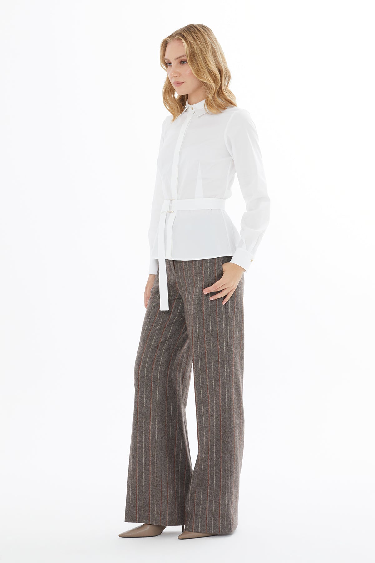 White Long-Sleeved Shirt with Belt