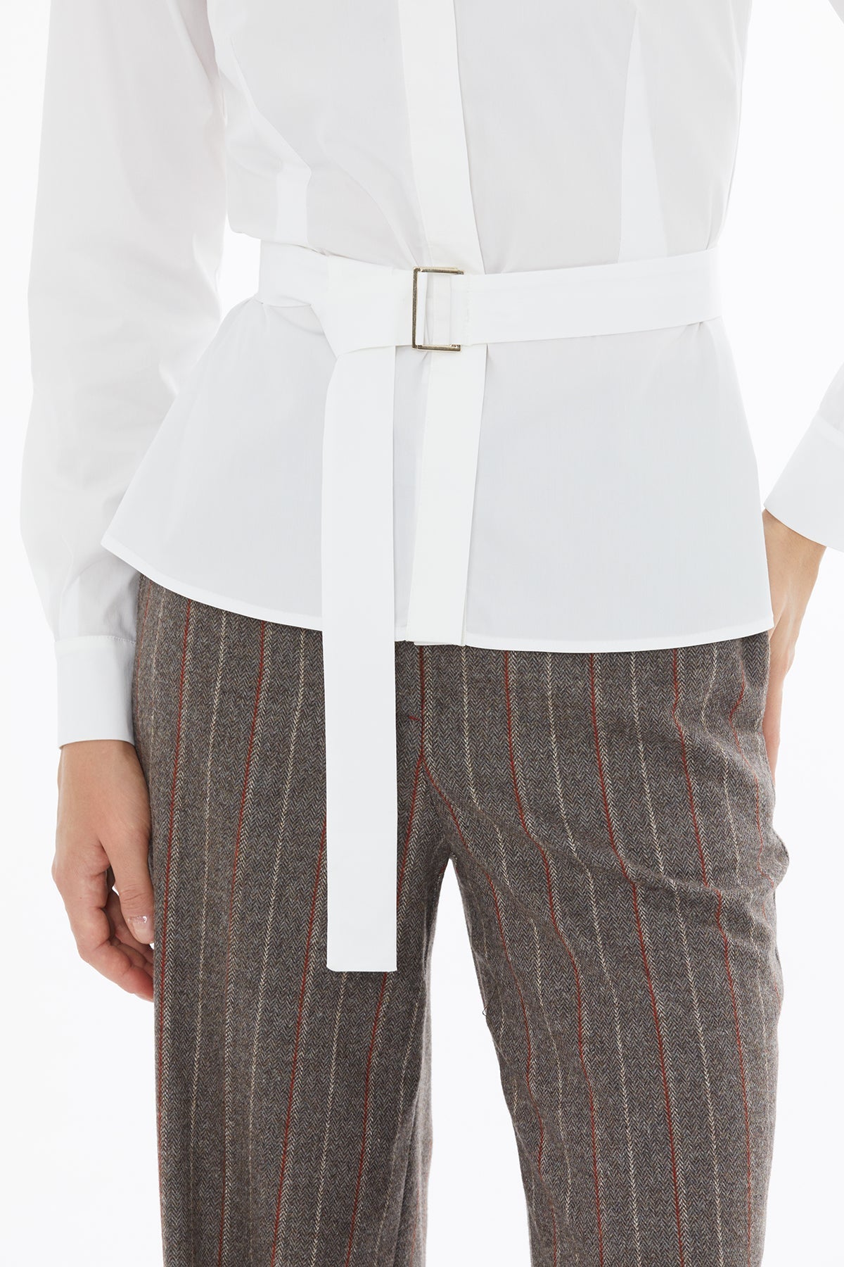 White Long-Sleeved Shirt with Belt