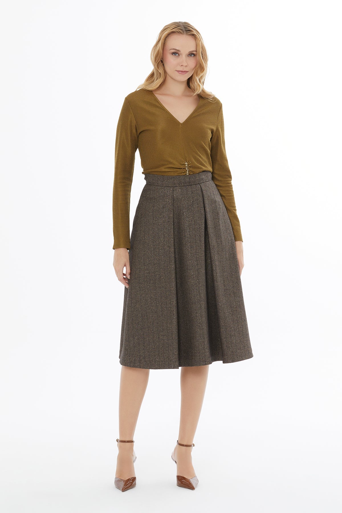 Brown Midi Skirt with Side Slit