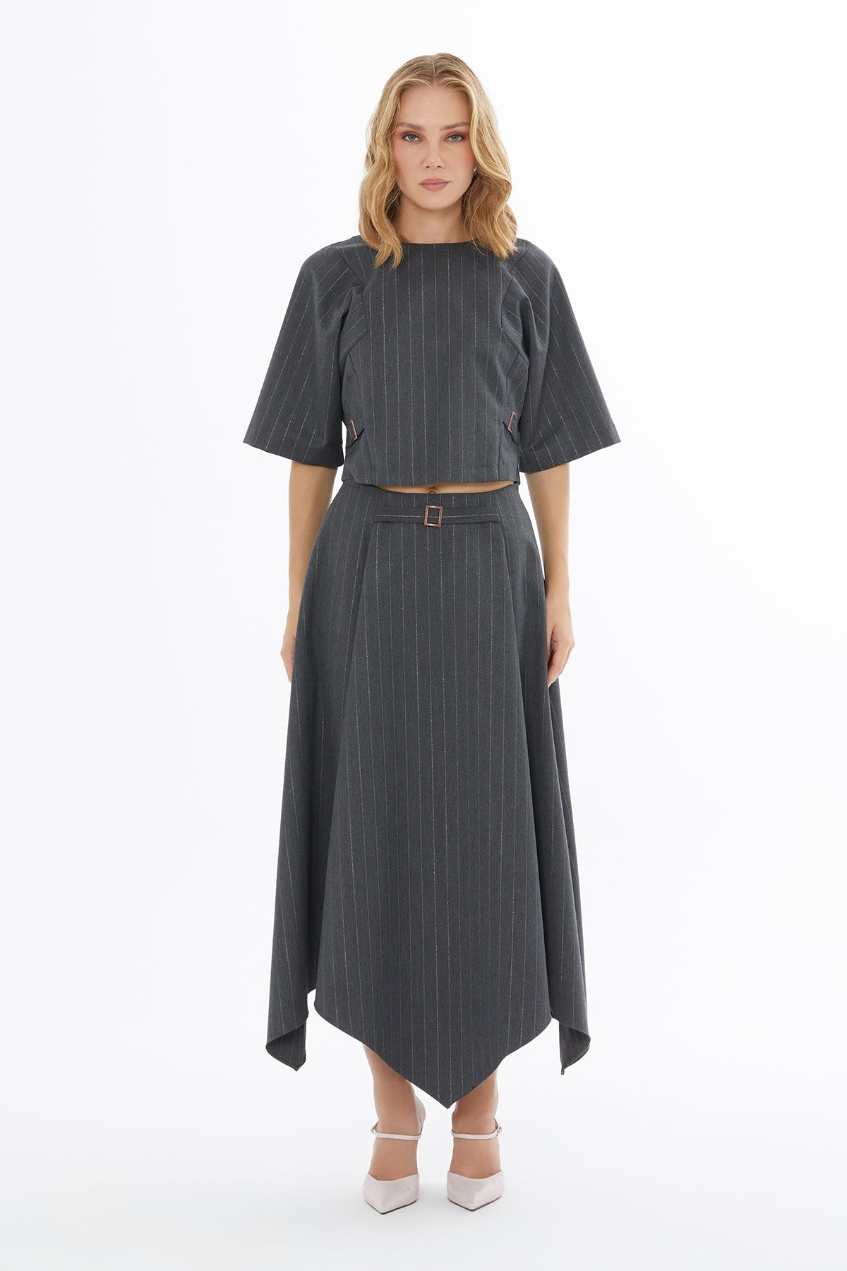 Grey Asymmetrical-Hem Pleated Midi Skirt