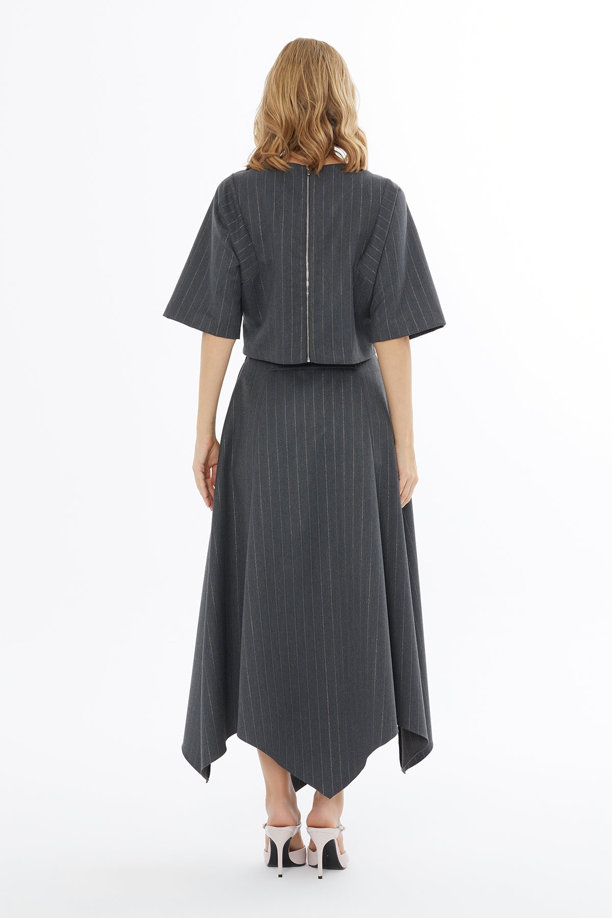 Grey Asymmetrical-Hem Pleated Midi Skirt