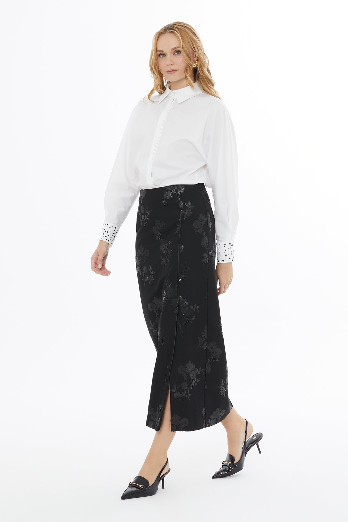Black Embroidered Skirt with Front Slit