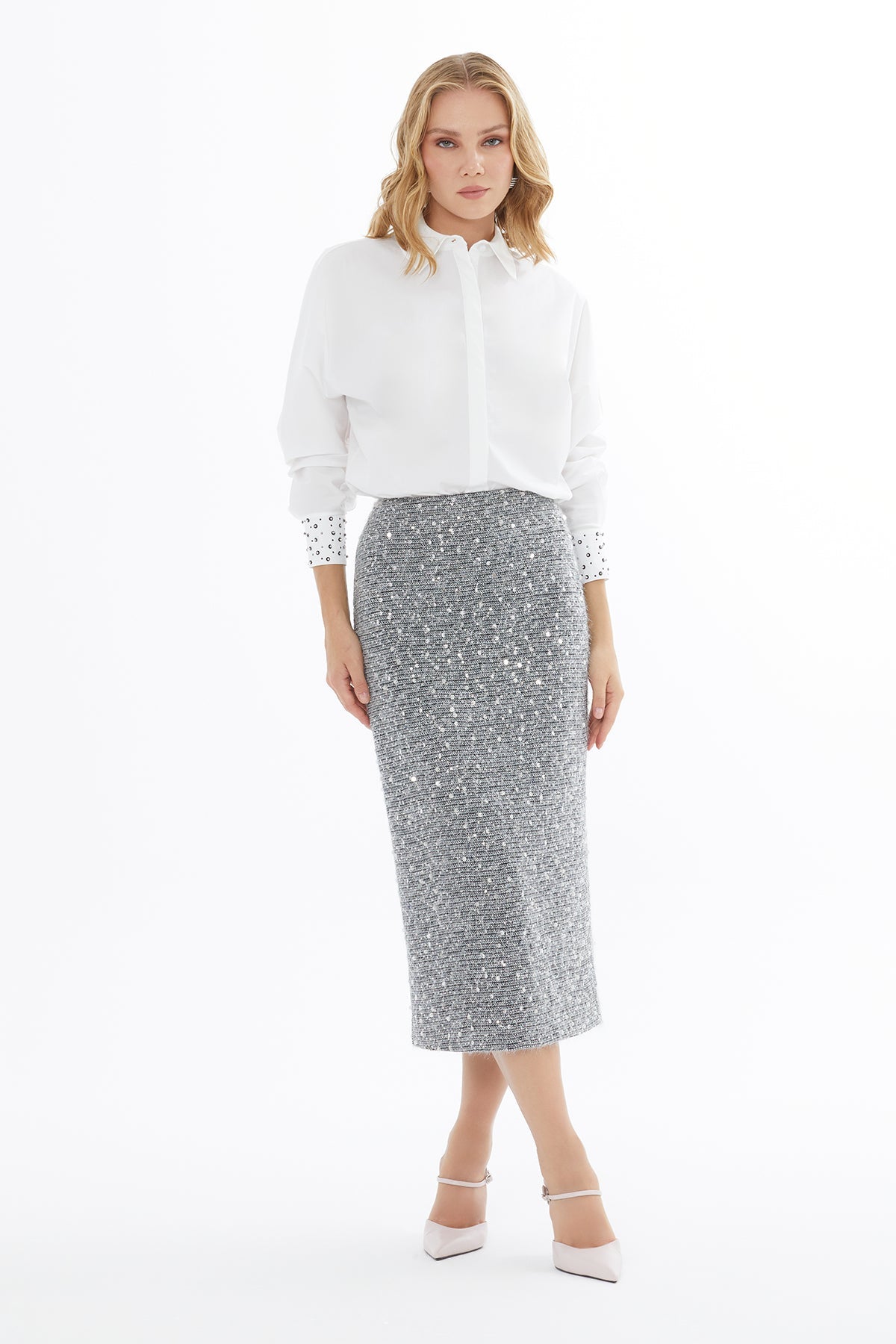 Grey Zip-Up Midi Skirt