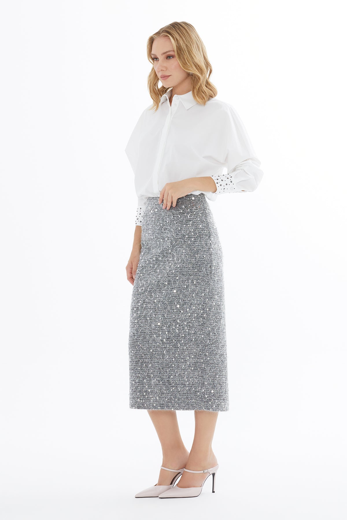 Grey Zip-Up Midi Skirt