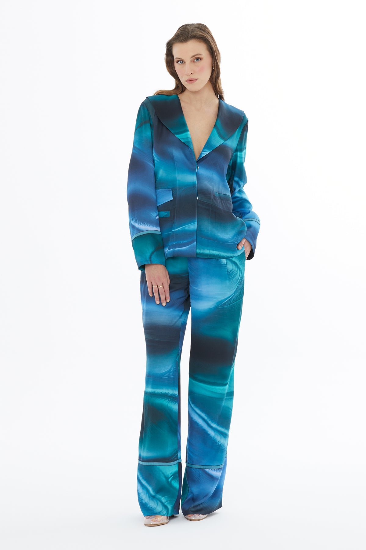 Blue Shawl-Collar Fillet-Pocket Jacket