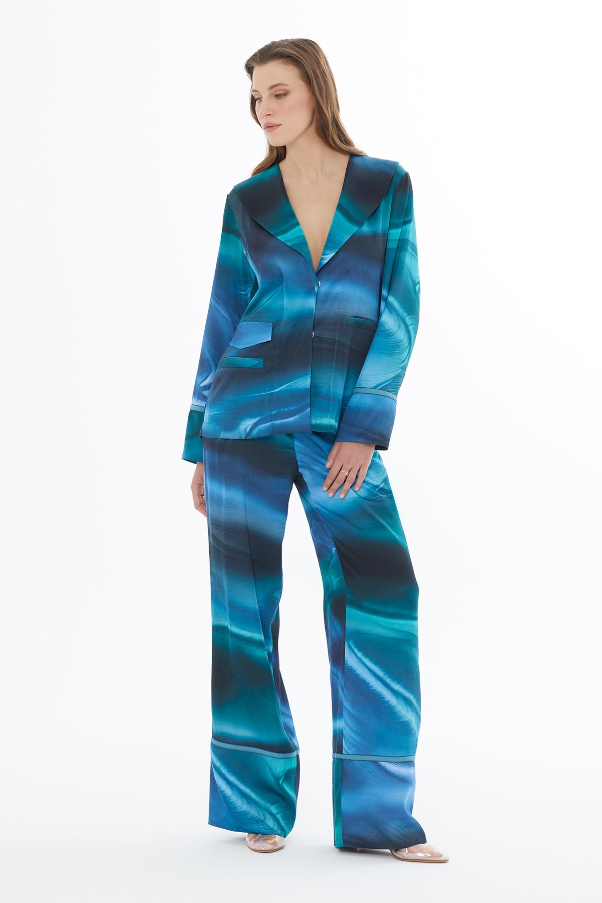 Blue Shawl-Collar Fillet-Pocket Jacket