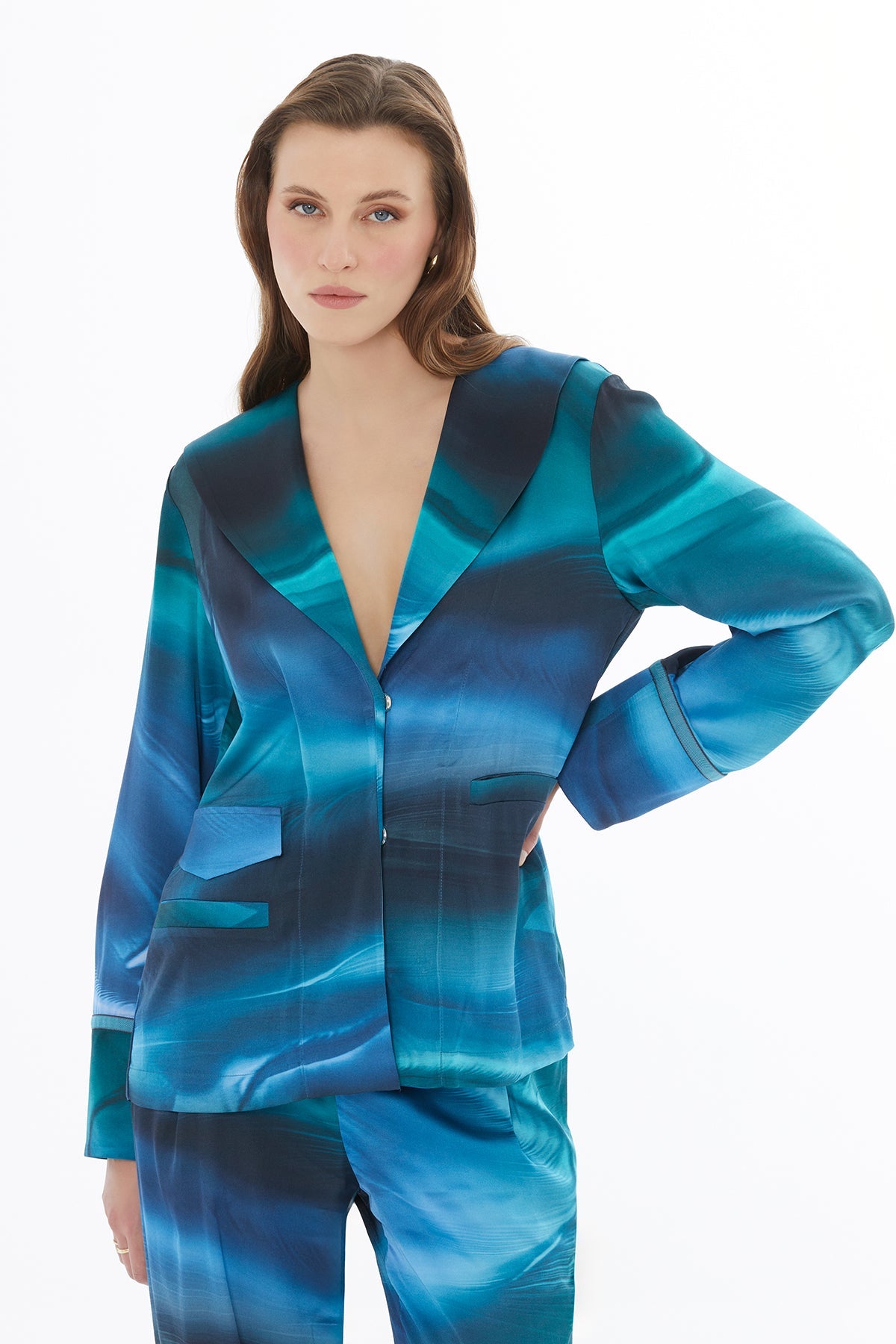 Blue Shawl-Collar Fillet-Pocket Jacket