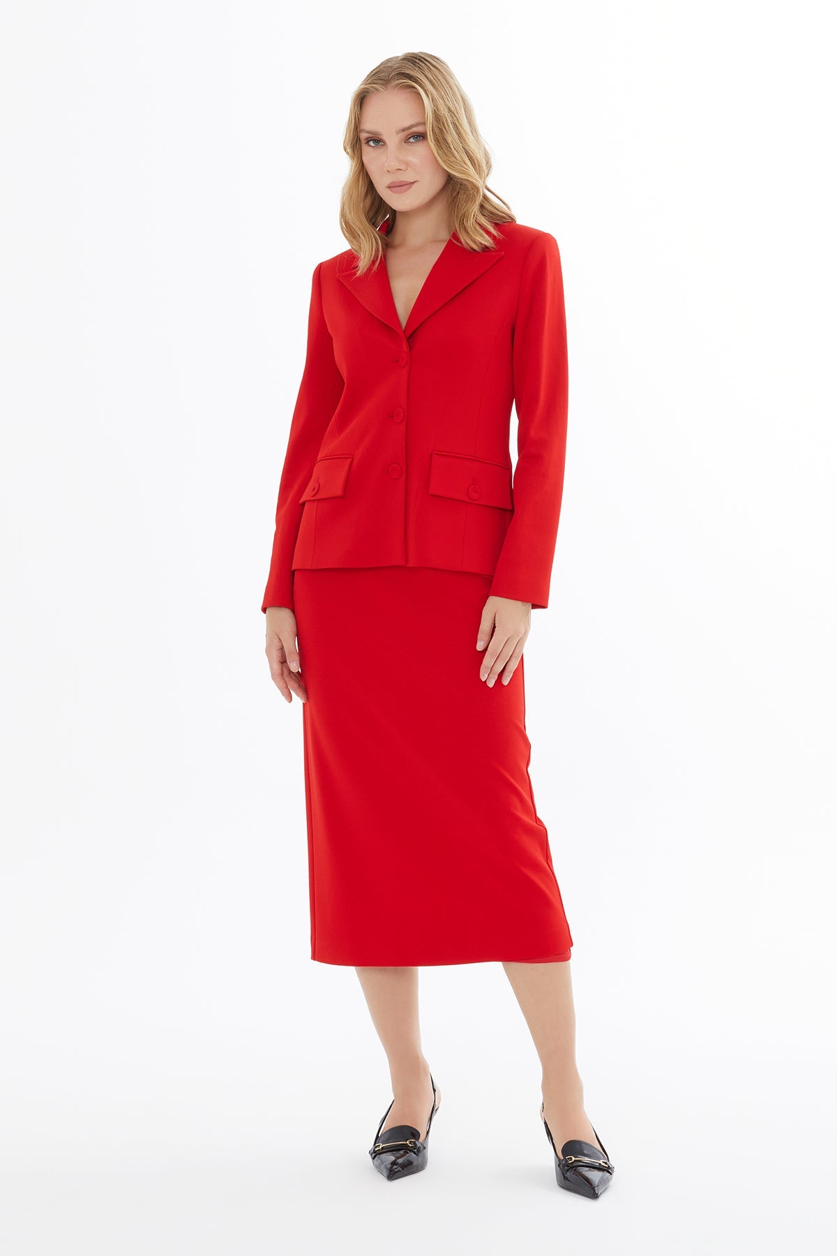 Red Button-Closure Jacket with Pockets