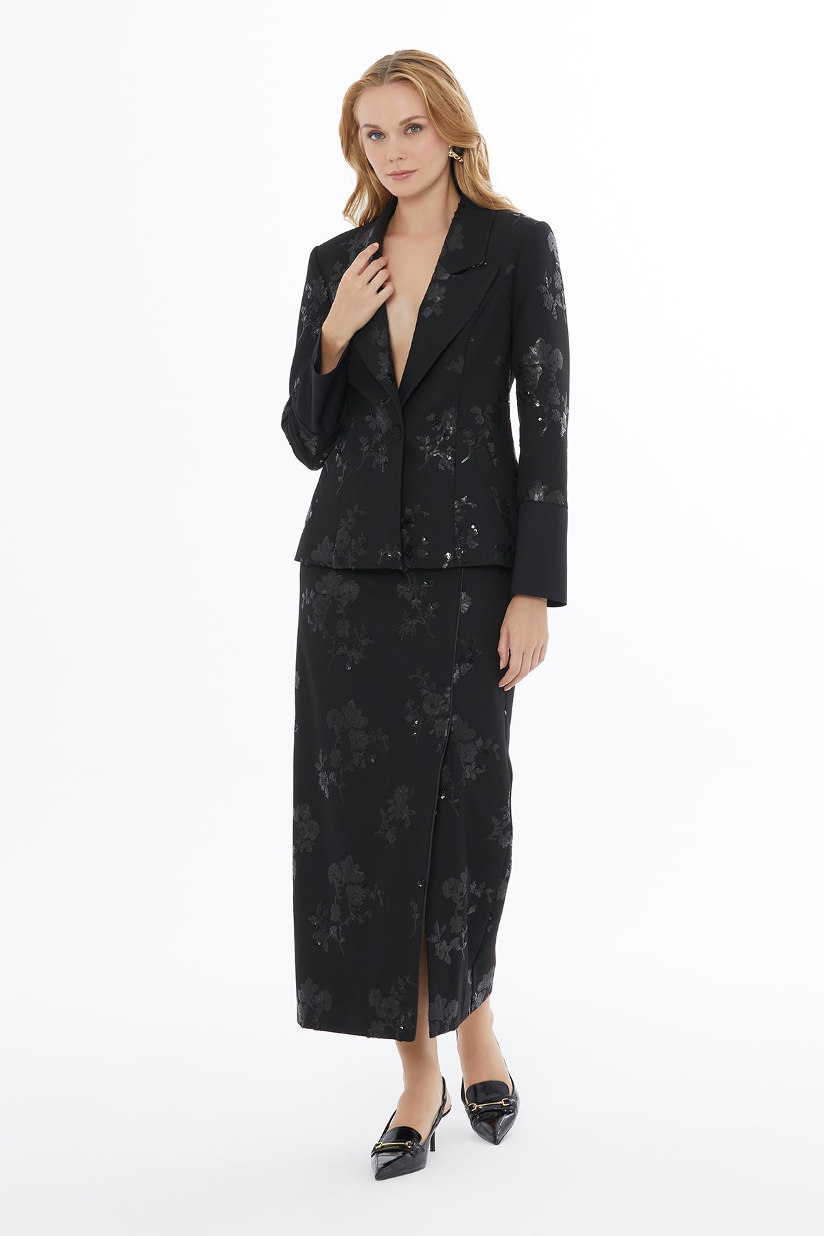 Black Embroidered Jacket with Button Closure