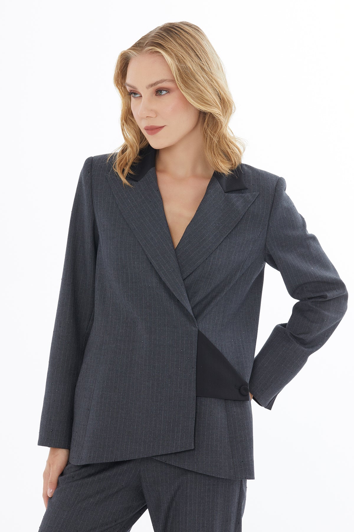 Grey Double-Breasted Jacket with Pockets