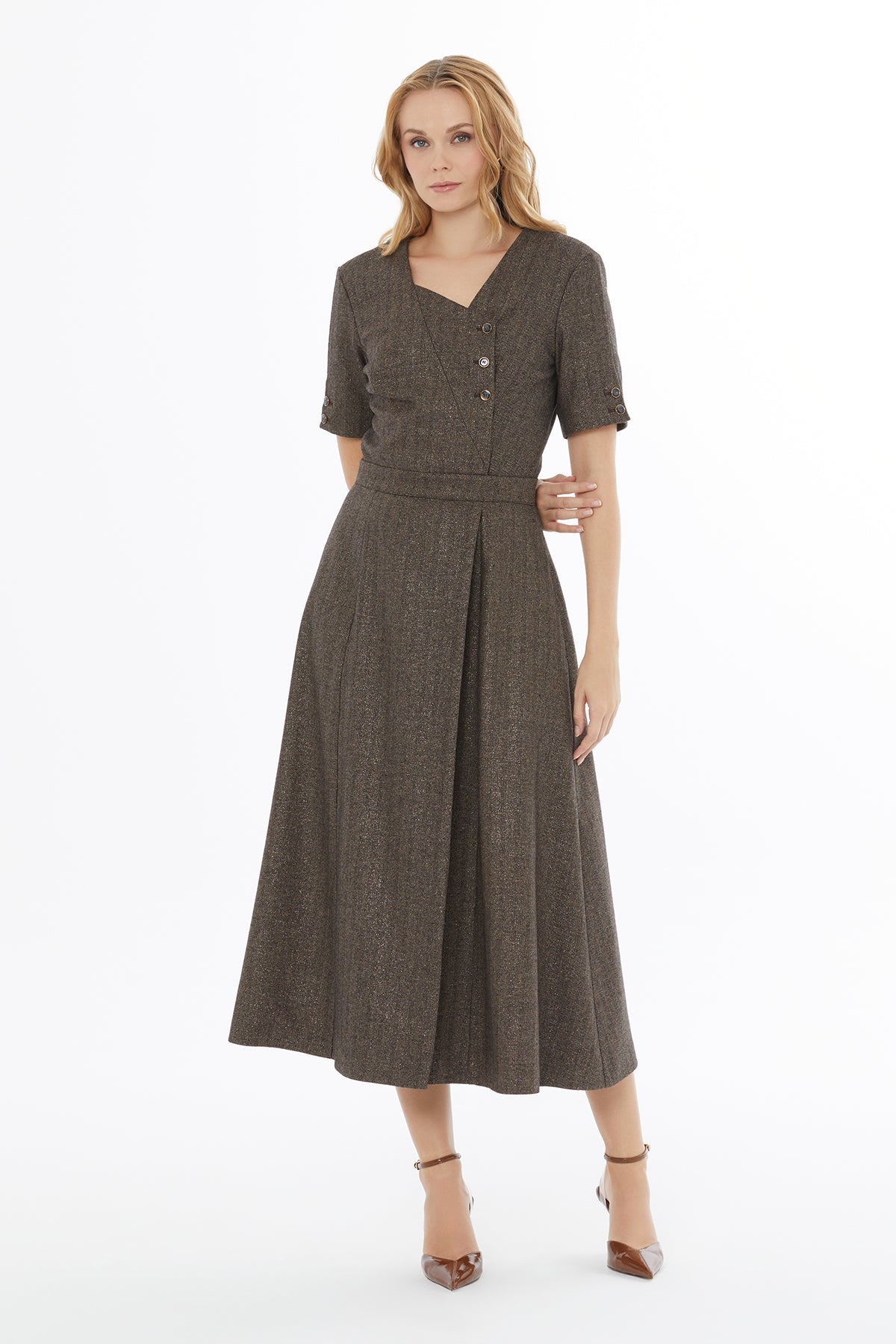 Brown Asymmetrical-Neck Midi Dress