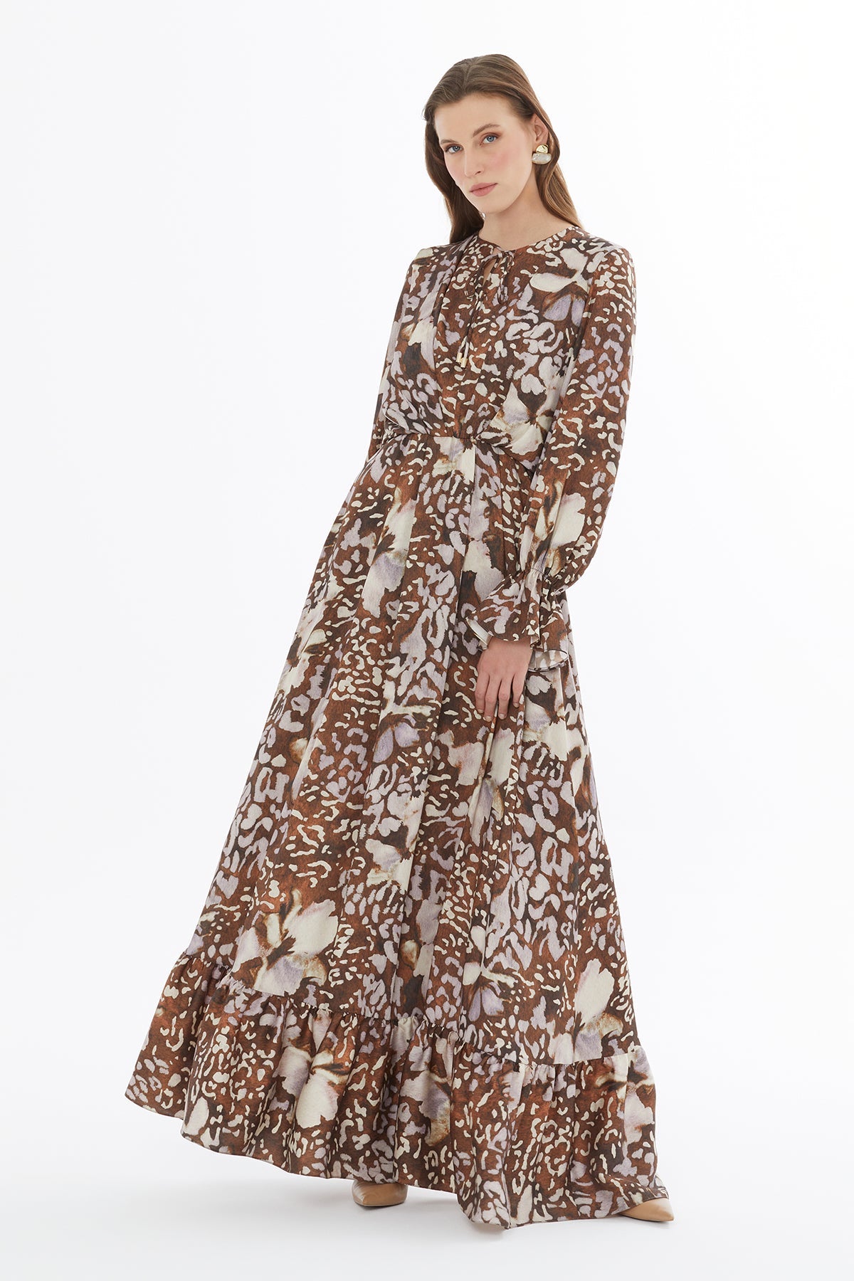 Printed Round Neck Ruffled Maxi Dress