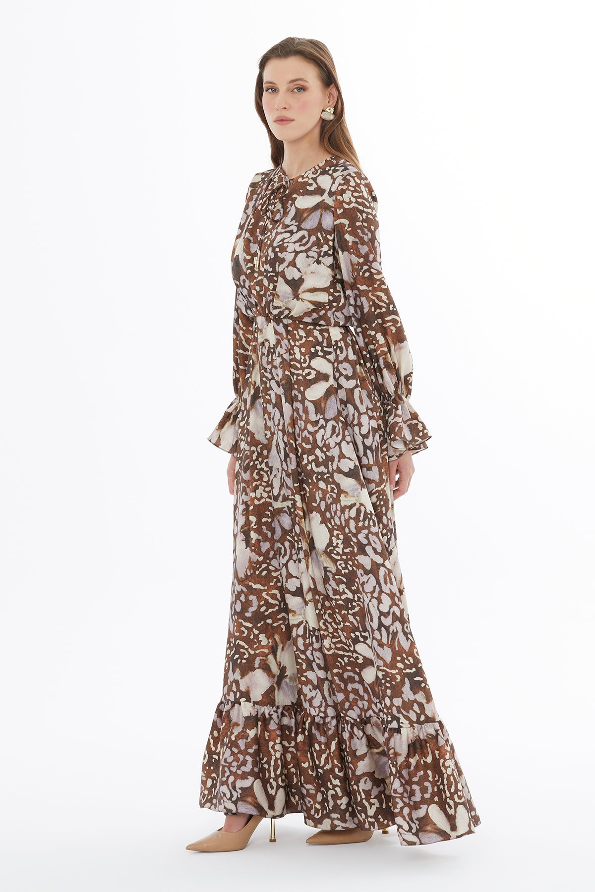 Printed Round Neck Ruffled Maxi Dress