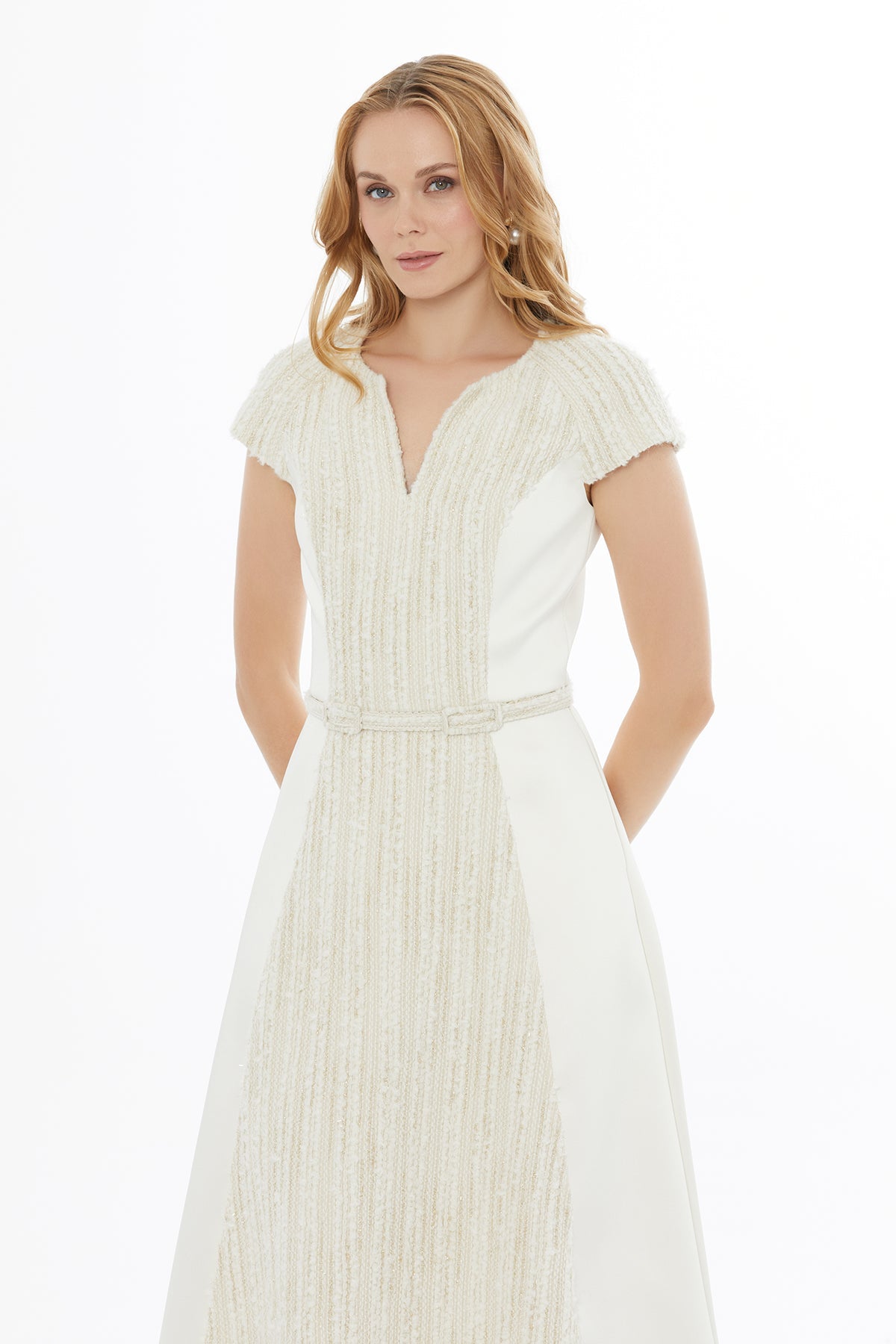 Ecru Midi Dress with Belt Detail