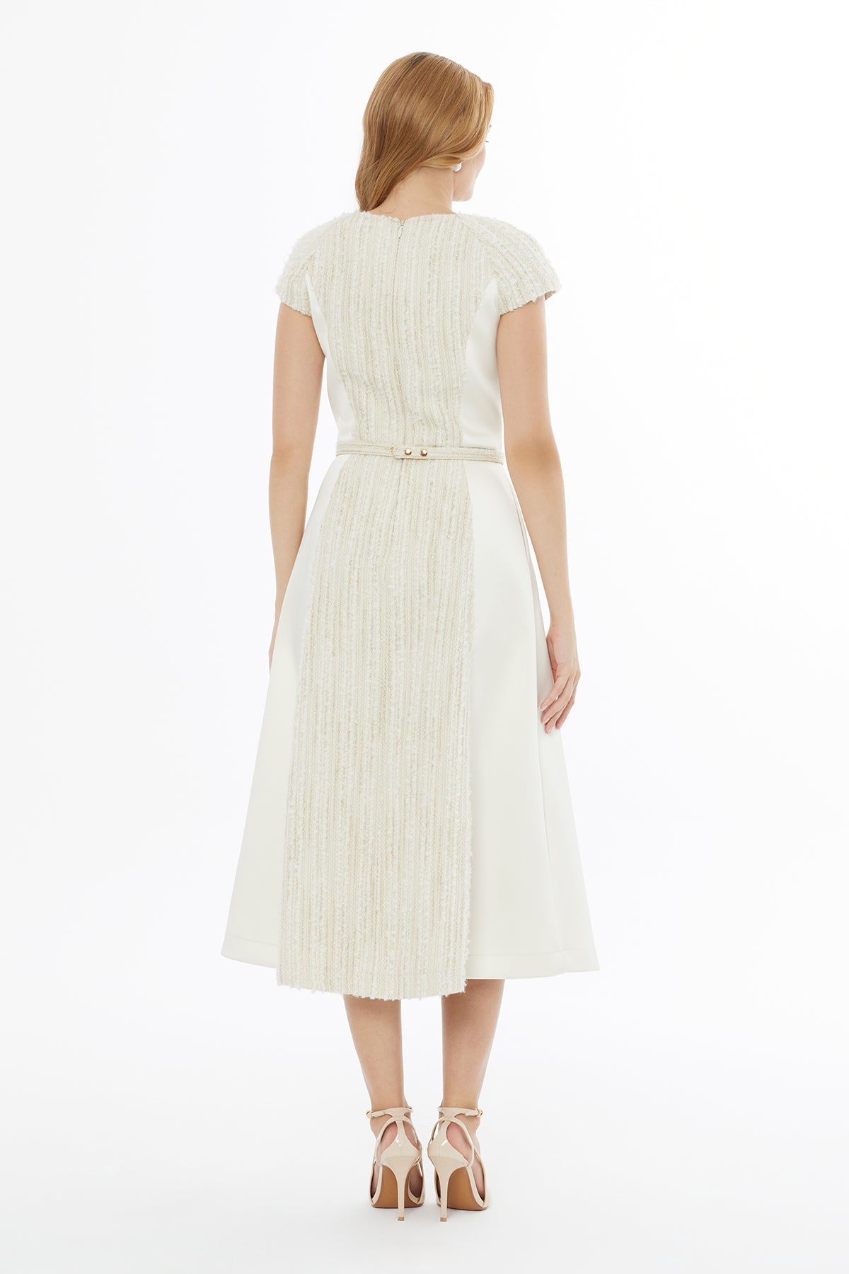 Ecru Midi Dress with Belt Detail