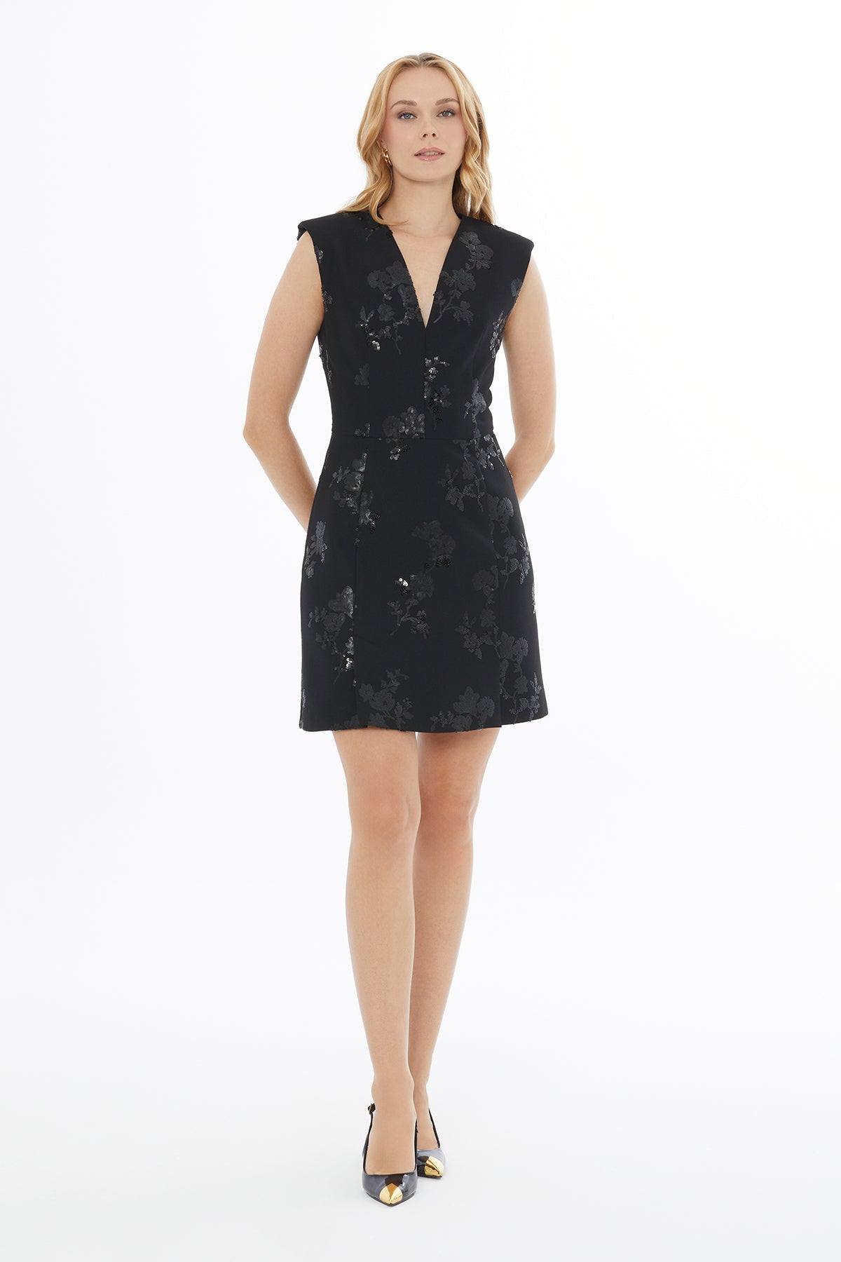 Black Embroidered V-Neck Mini Dress