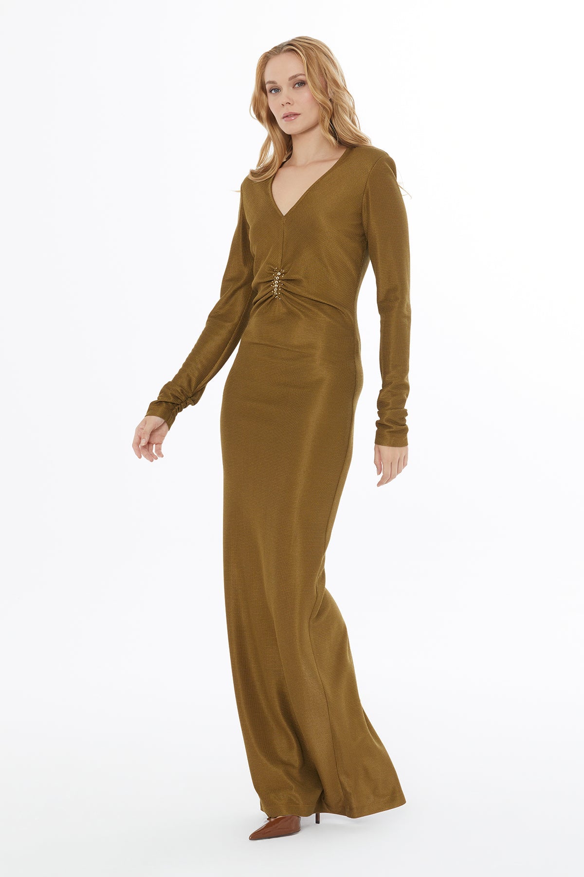 Khaki V-Neck Ruched Long Dress