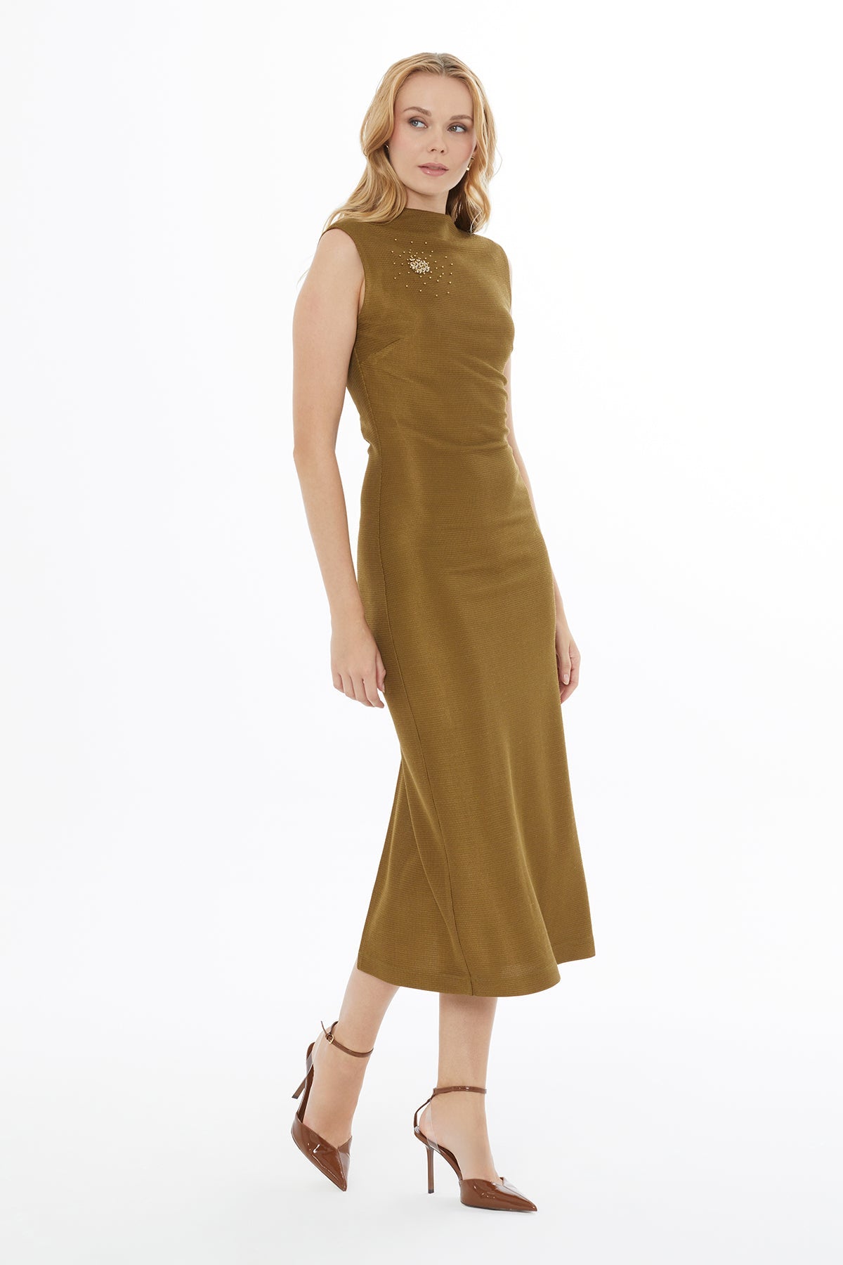 Khaki Sleeveless Midi Dress with Slit