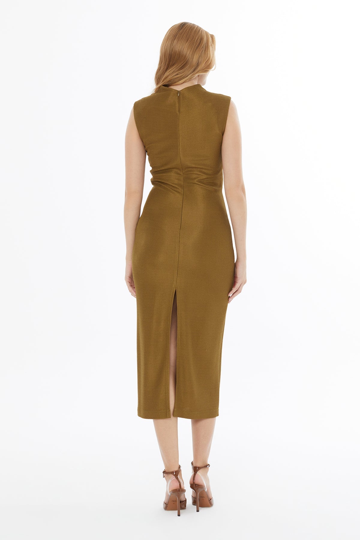Khaki Sleeveless Midi Dress with Slit