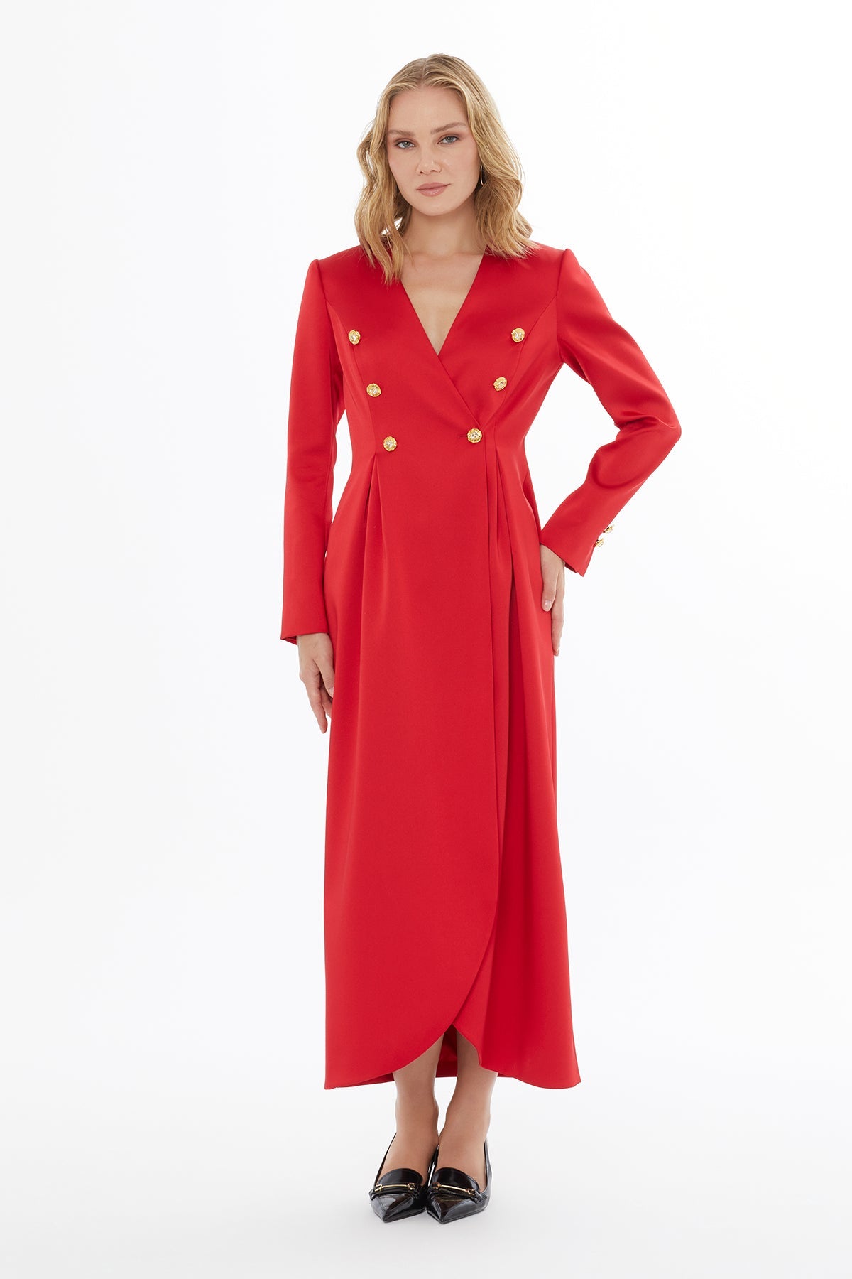 Red Midi Button Detail Dress