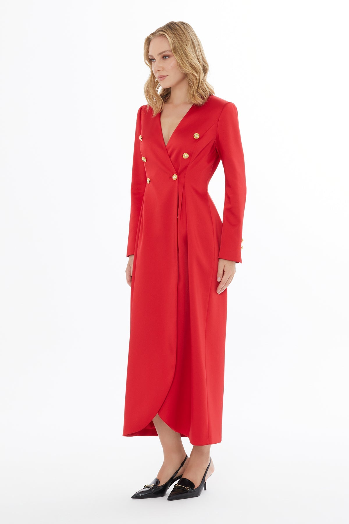 Red Midi Button Detail Dress