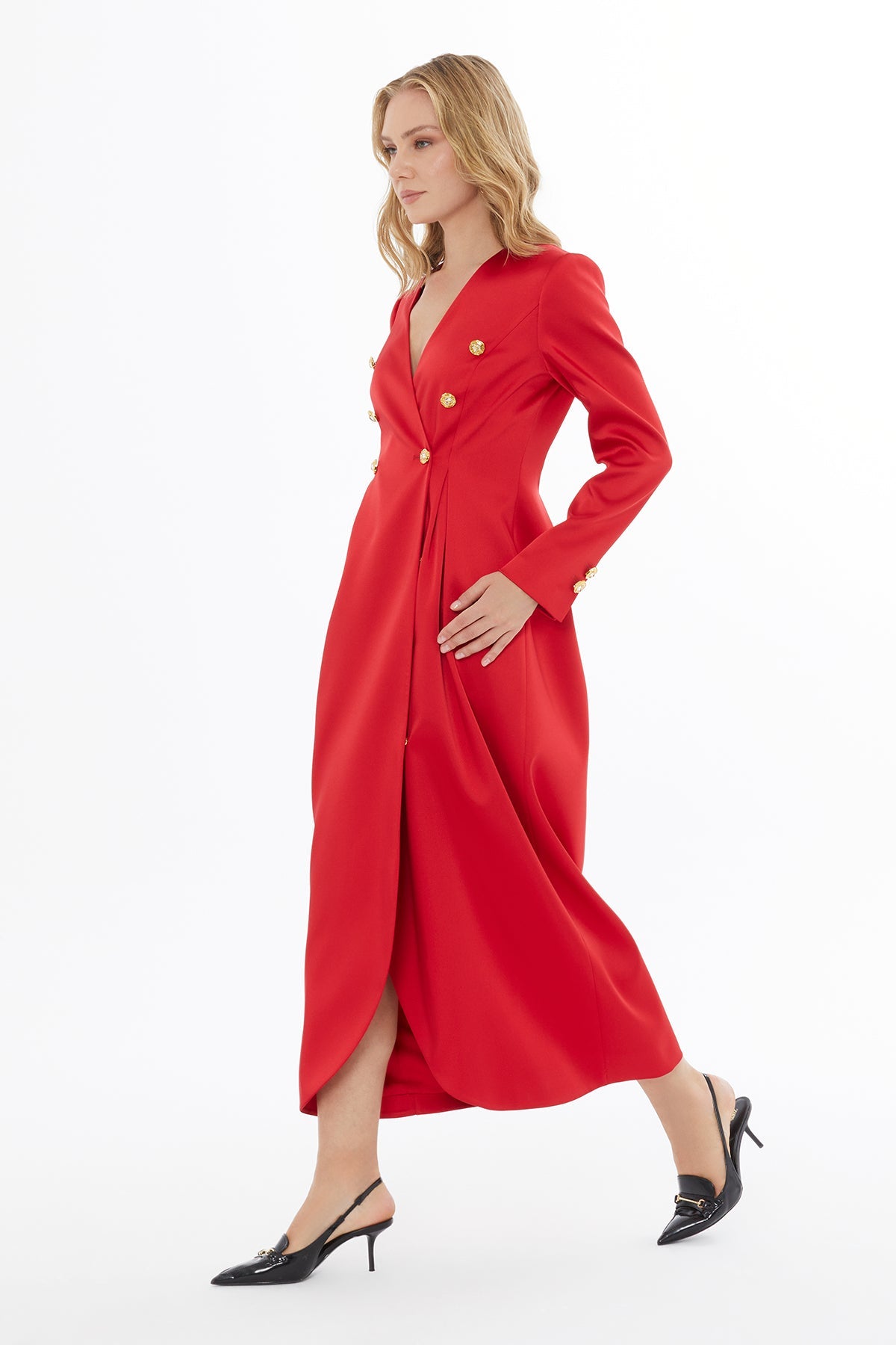 Red Midi Button Detail Dress