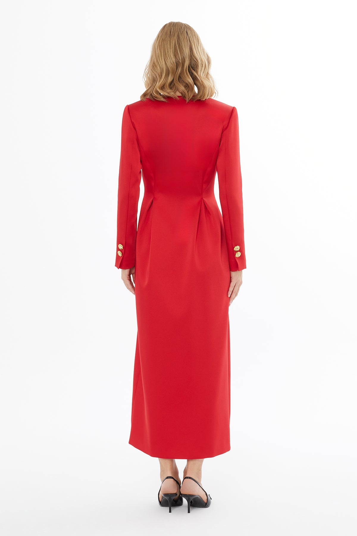 Red Midi Button Detail Dress