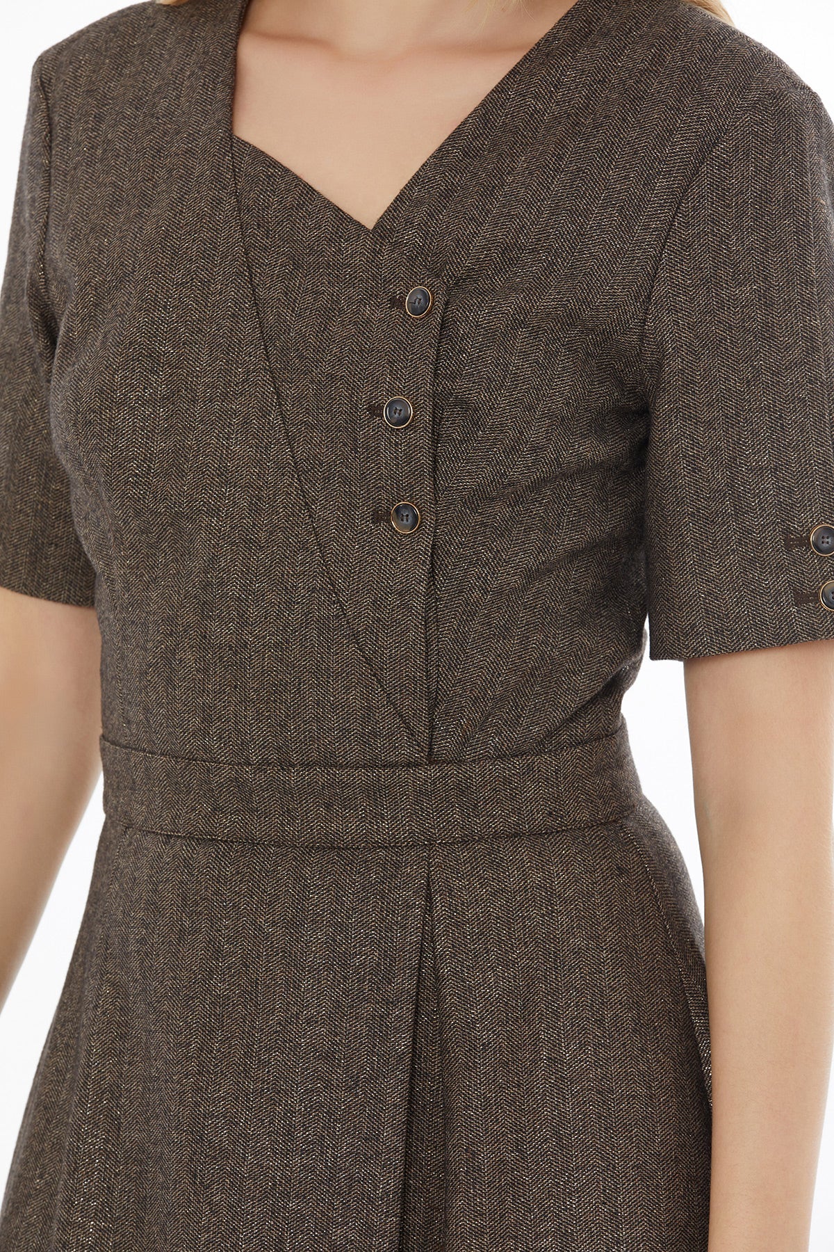 Brown Asymmetrical-Neck Midi Dress