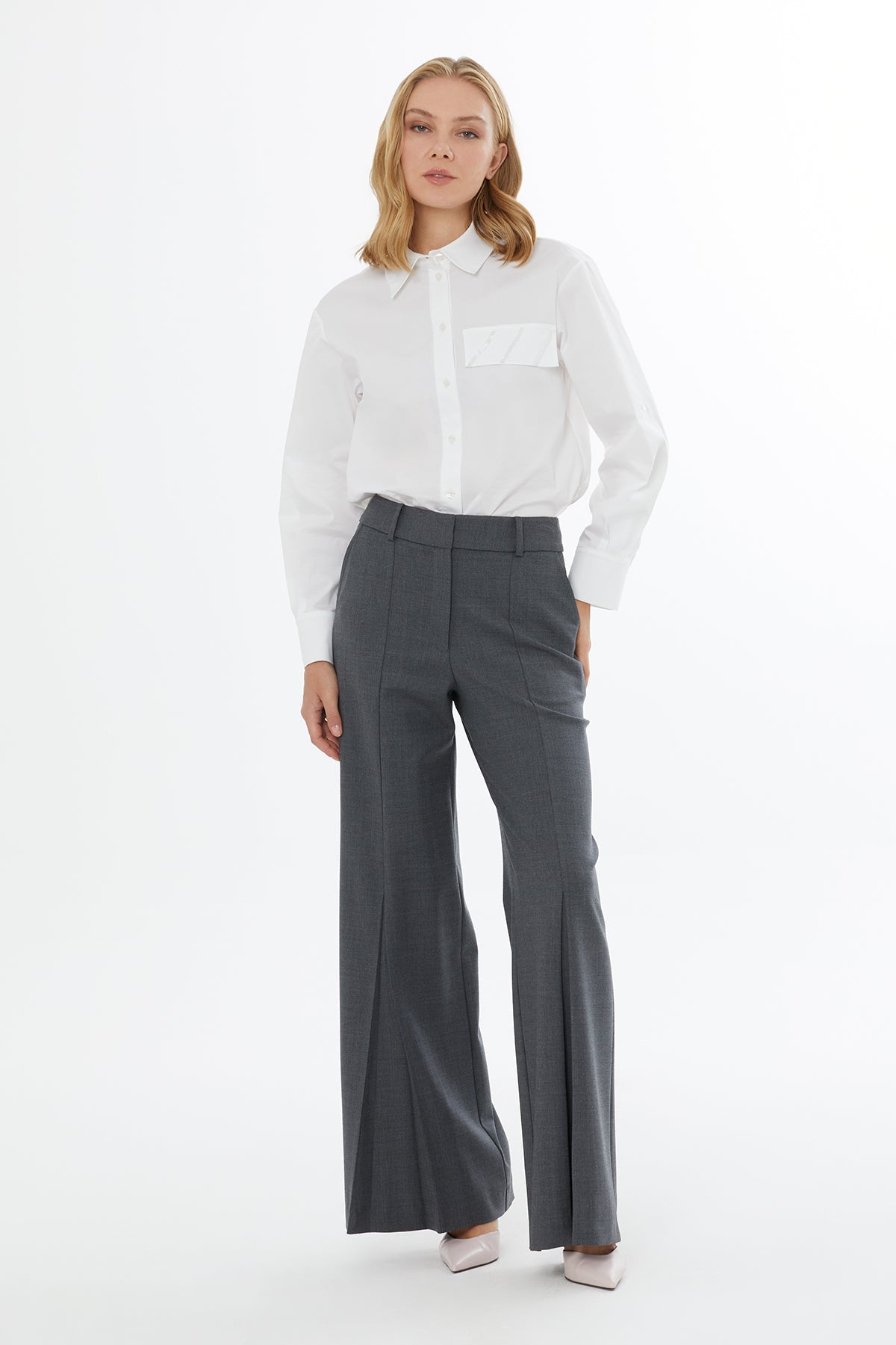 Grey Wide-Leg Pleated Trousers