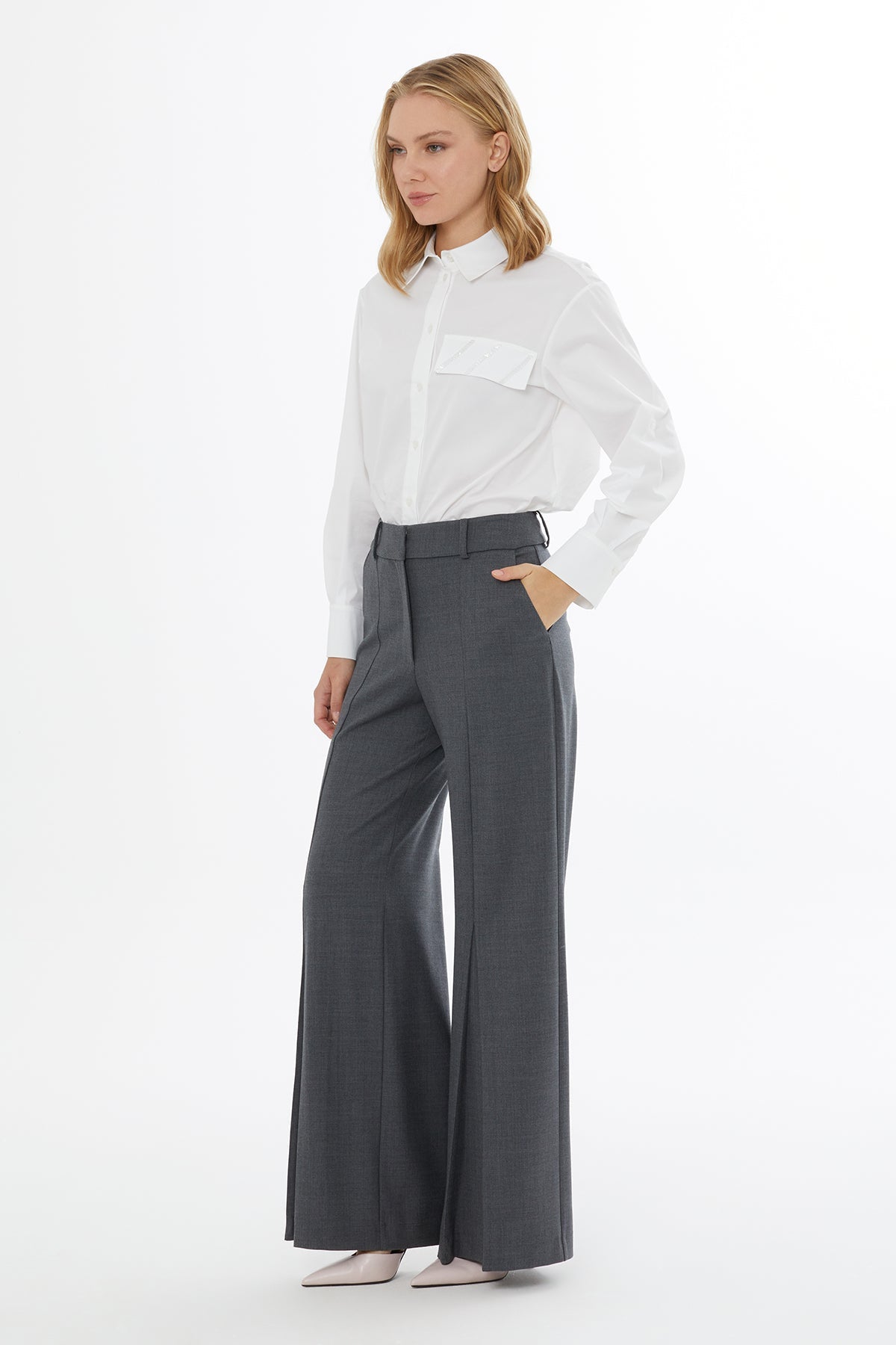 Grey Wide-Leg Pleated Trousers