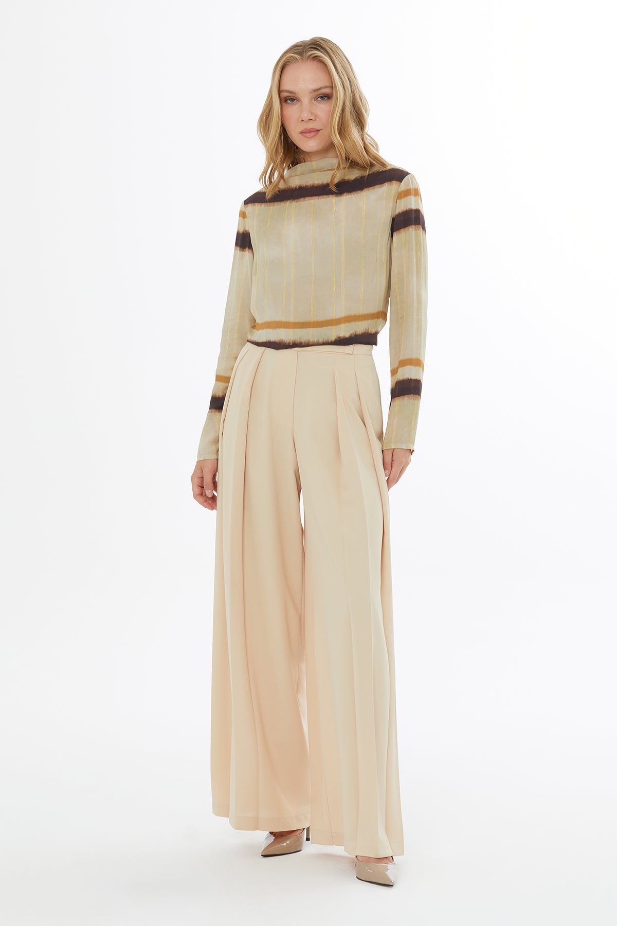 Beige Pleated-Detail Pants with Pockets