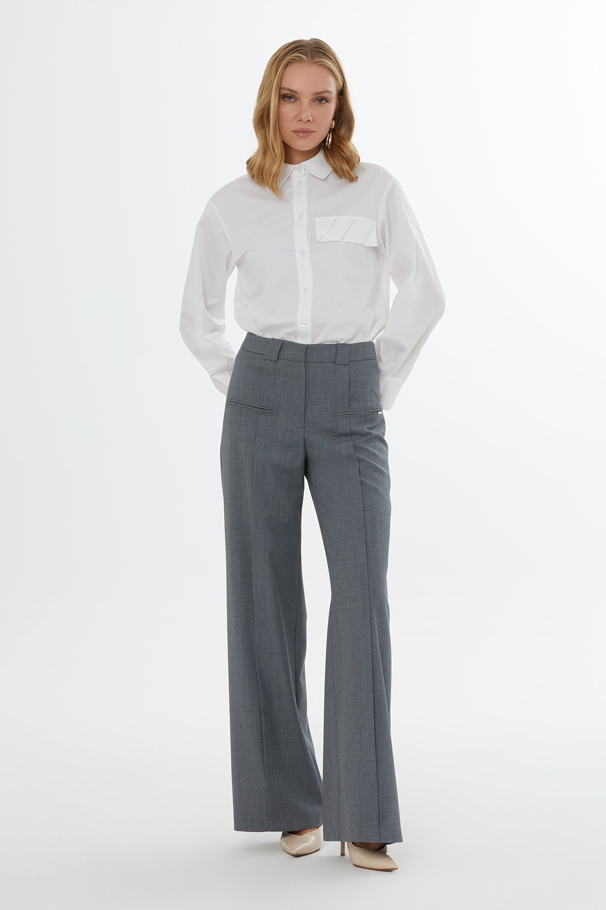 Grey Rib-Detail Wide-Leg Trousers