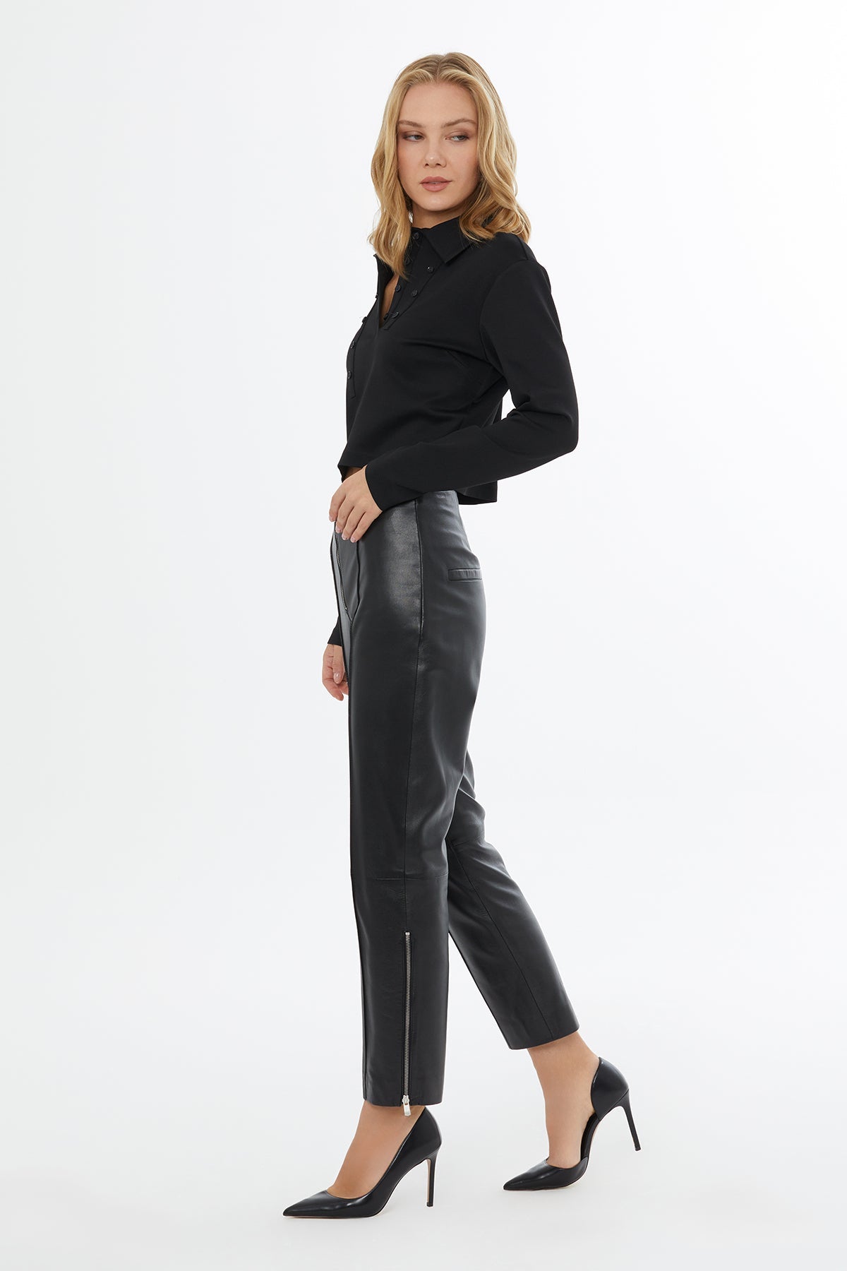 Black Leather Trousers with Zip Cuffs