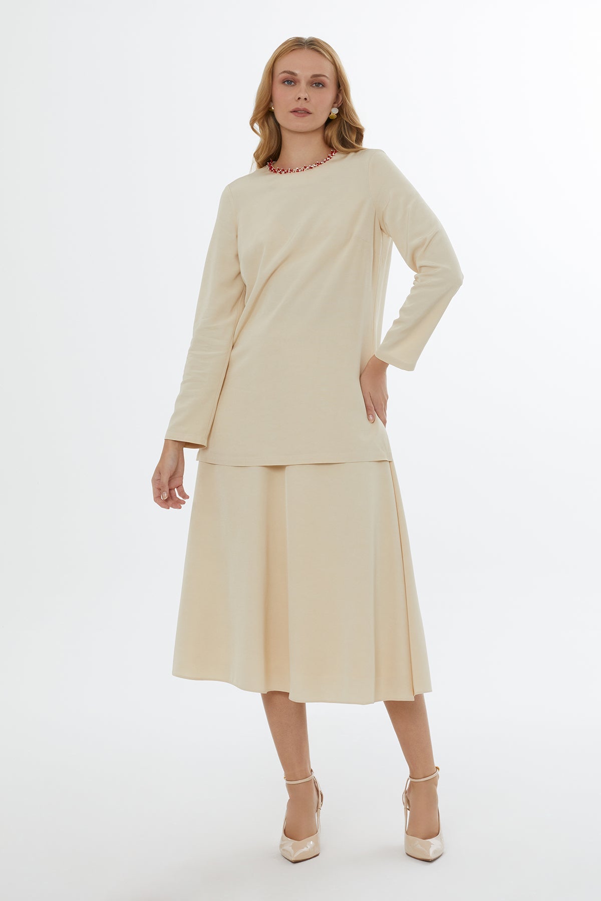 Beige Blouse with Bead-Detail Collar