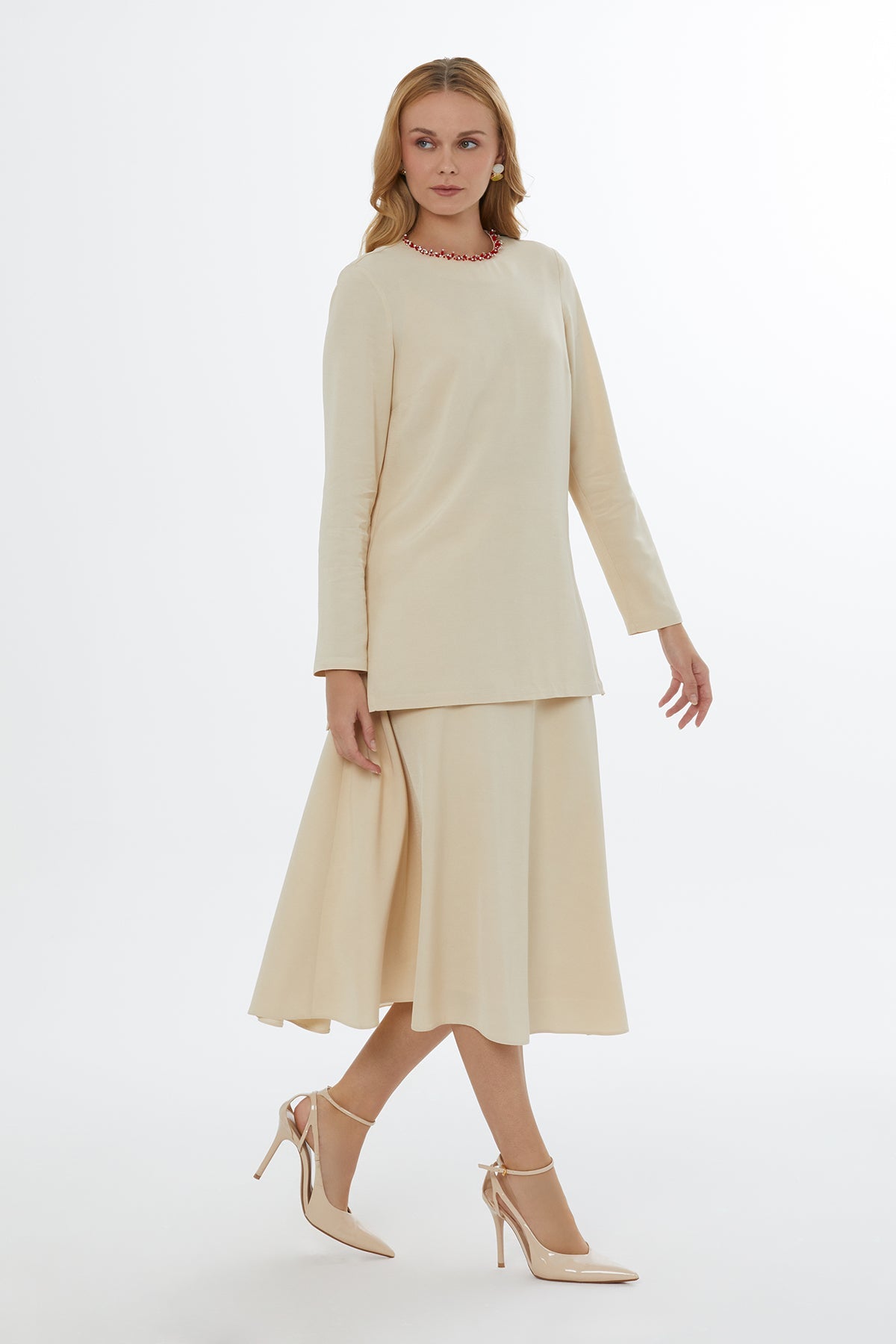 Beige Blouse with Bead-Detail Collar