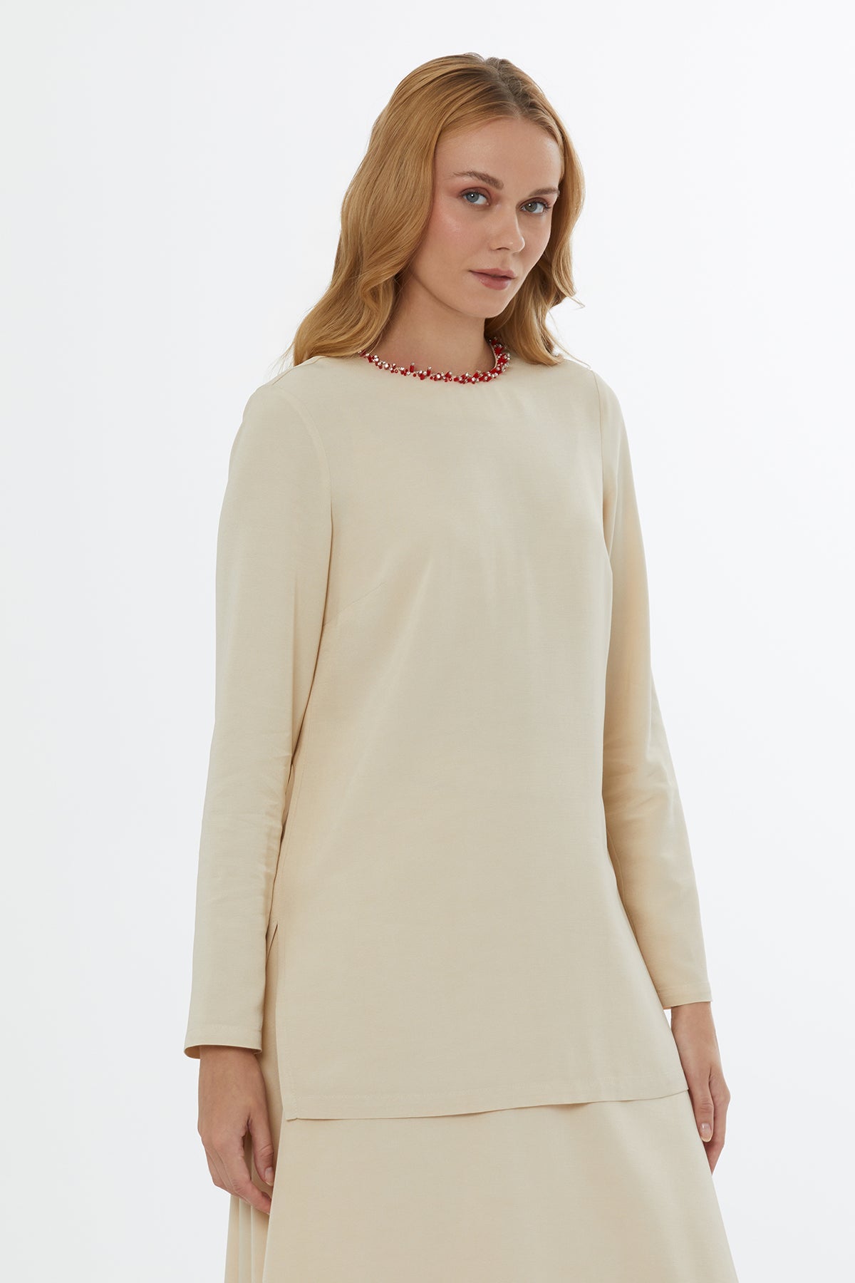 Beige Blouse with Bead-Detail Collar
