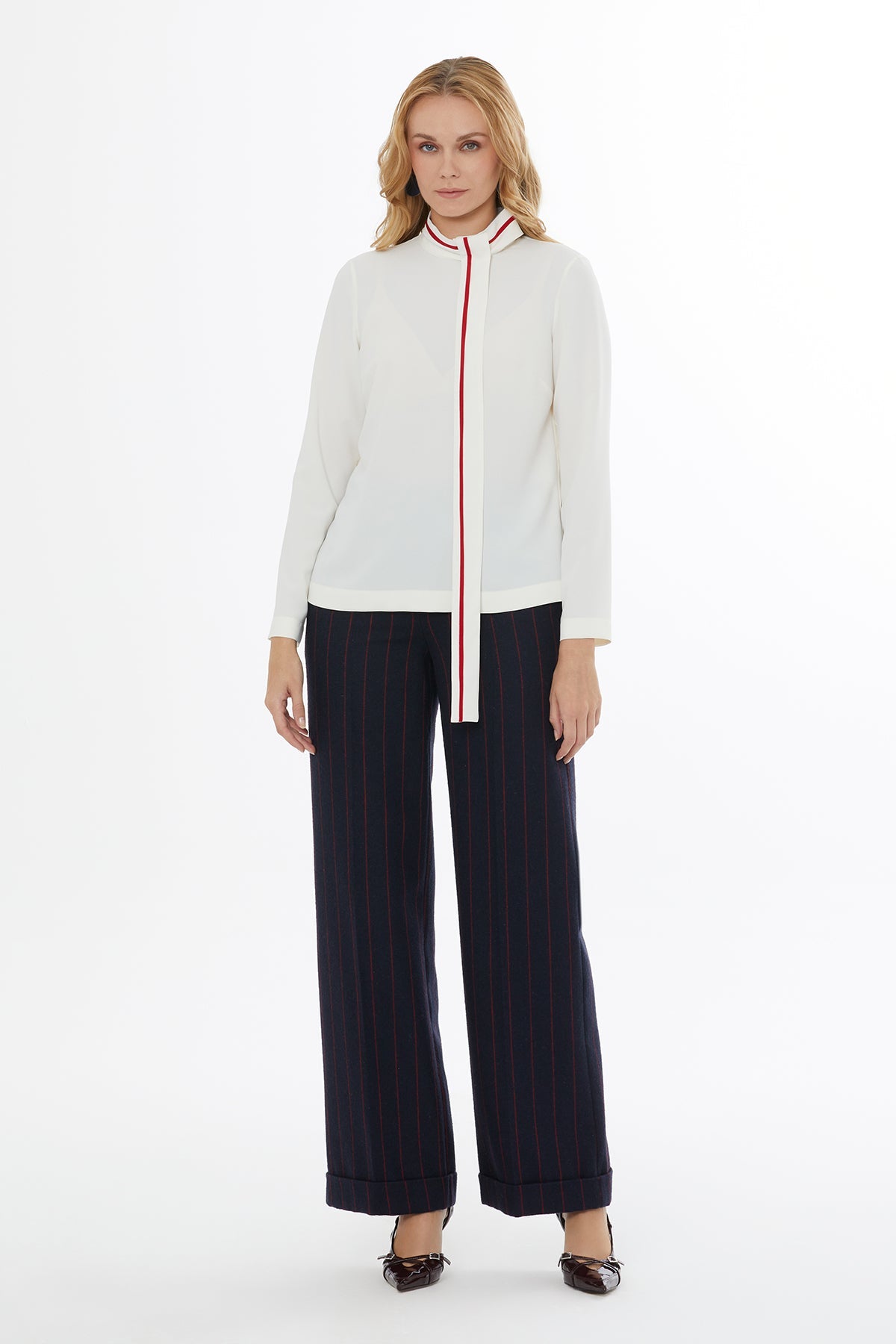 Ecru Belted High-Collar Shirt